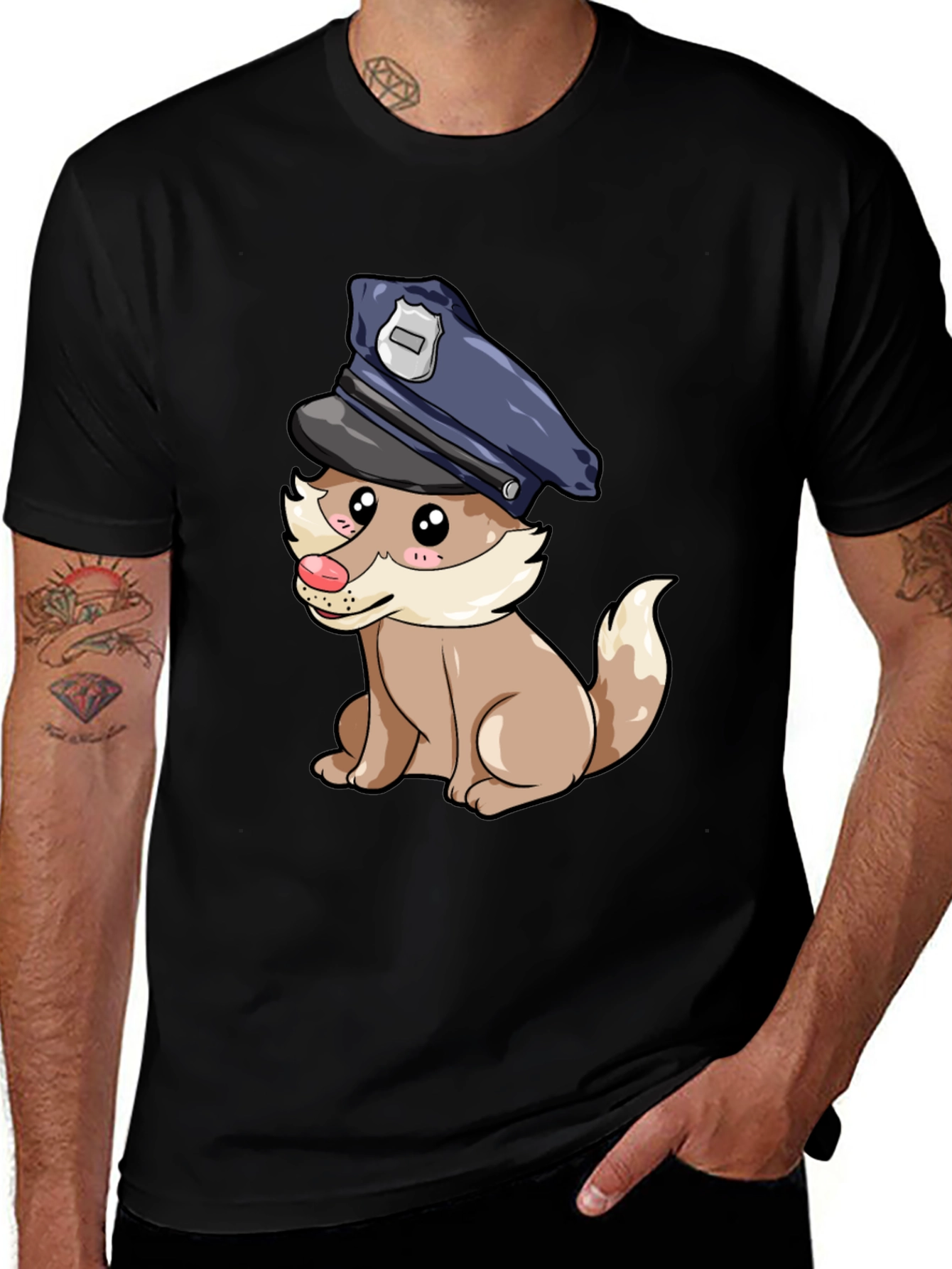 Variant 9 of Cute Dog in Police Hat Black T-Shirt