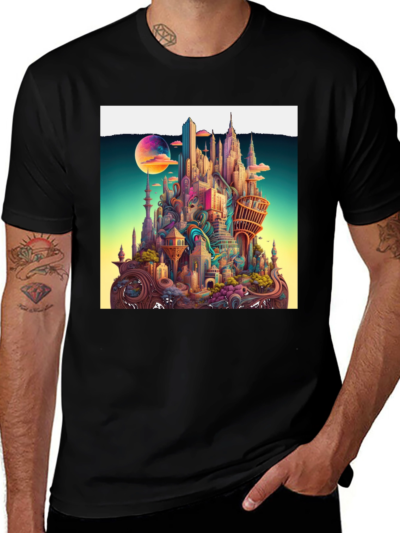 Variant 8 of Whimsical Cityscape Graphic Tee - Unique Urban Fantasy Design