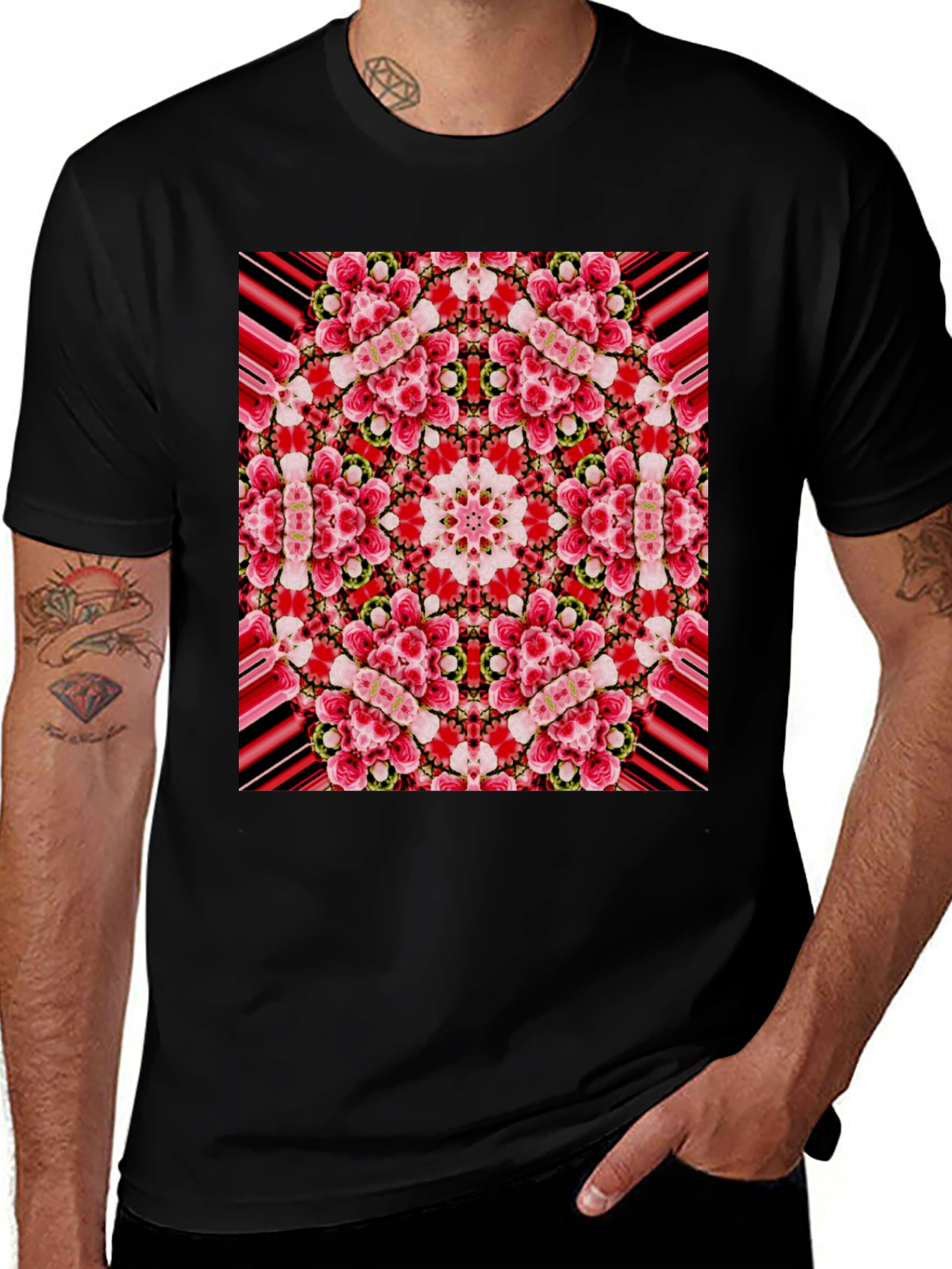 Variant 30 of Floral Kaleidoscope Print Black T-Shirt