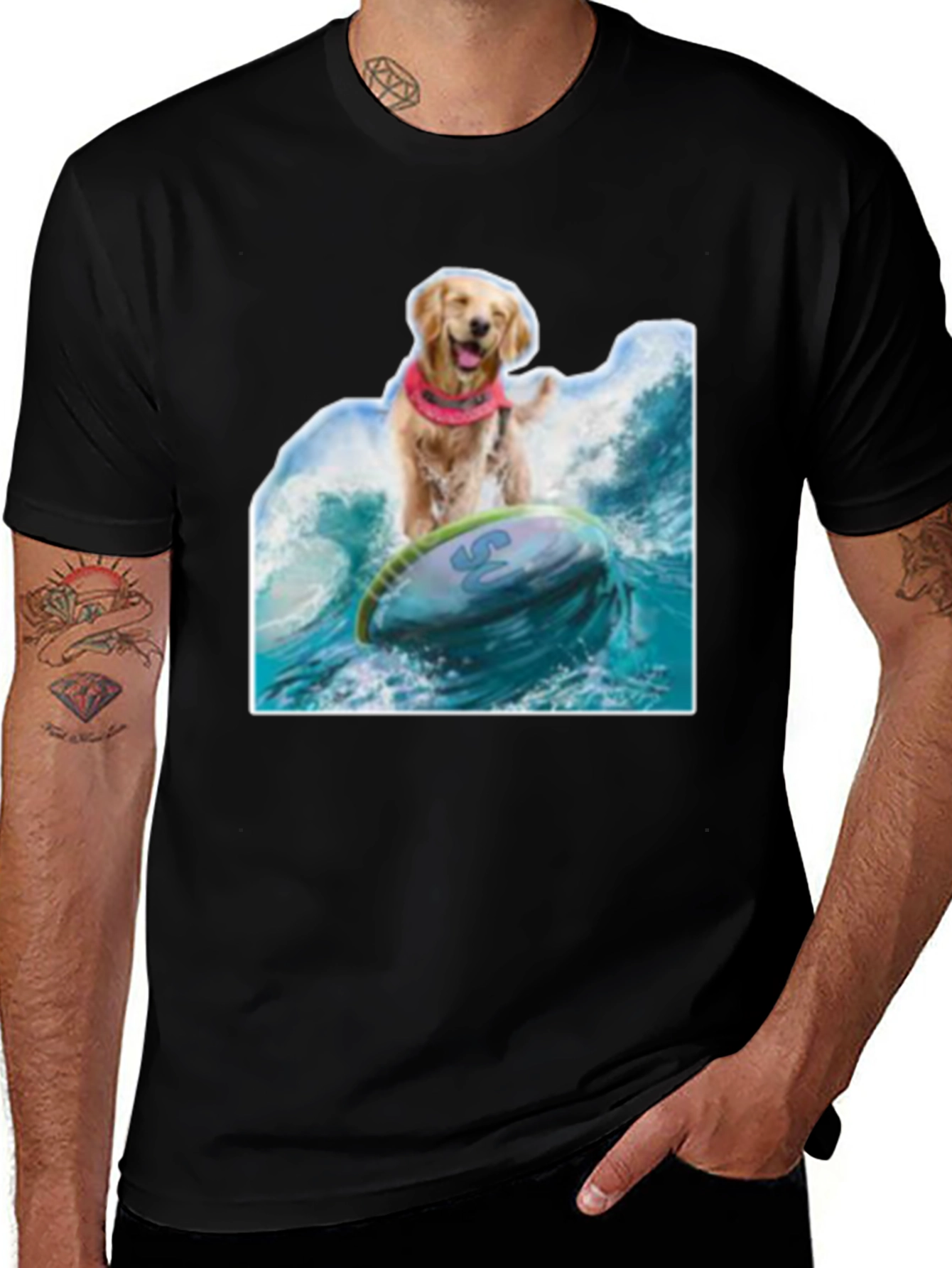 Variant 25 of Surfing Dog Graphic Tee - Black Cotton T-Shirt