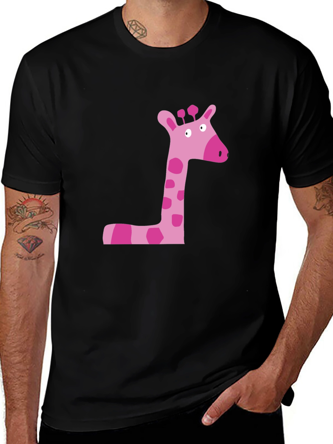 Variant 28 of Pink Giraffe Graphic Tee - Black Cotton Shirt