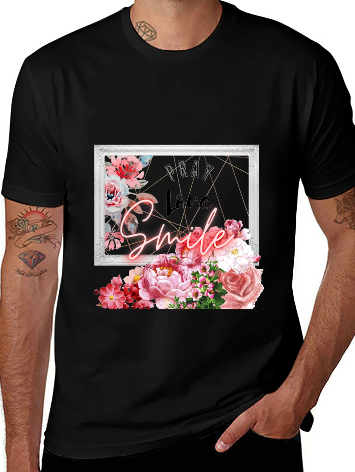 Variant 13 of Floral Smile Graphic T-Shirt - Men's Black Tee