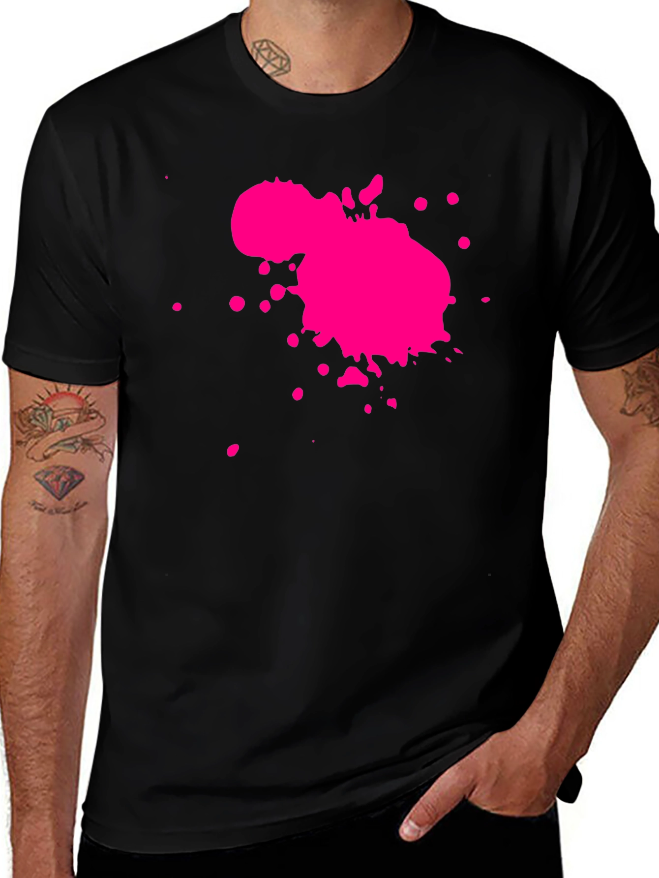 Variant 28 of Men's Black T-Shirt with Pink Paint Splatter Design