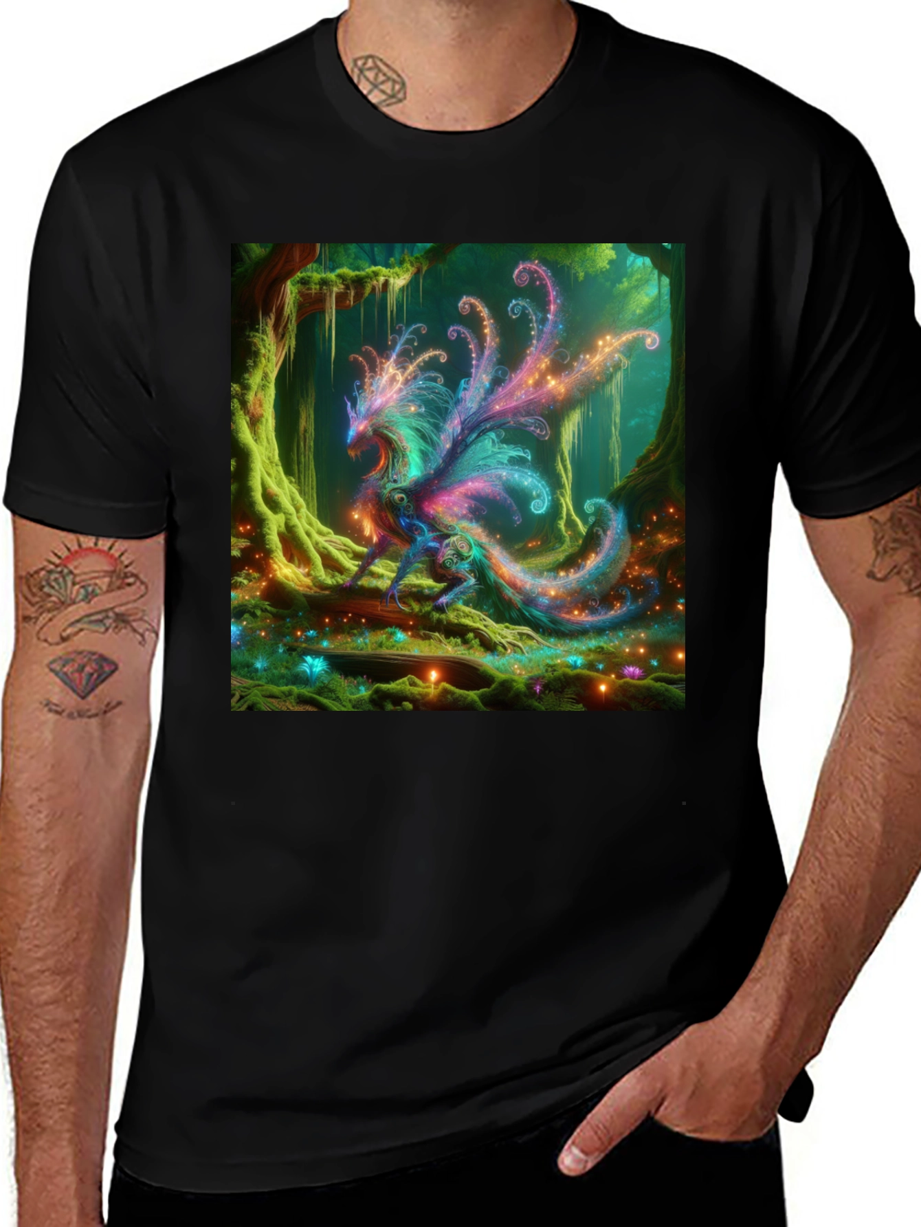 Enchanted Forest Dragon Graphic Tee - Black