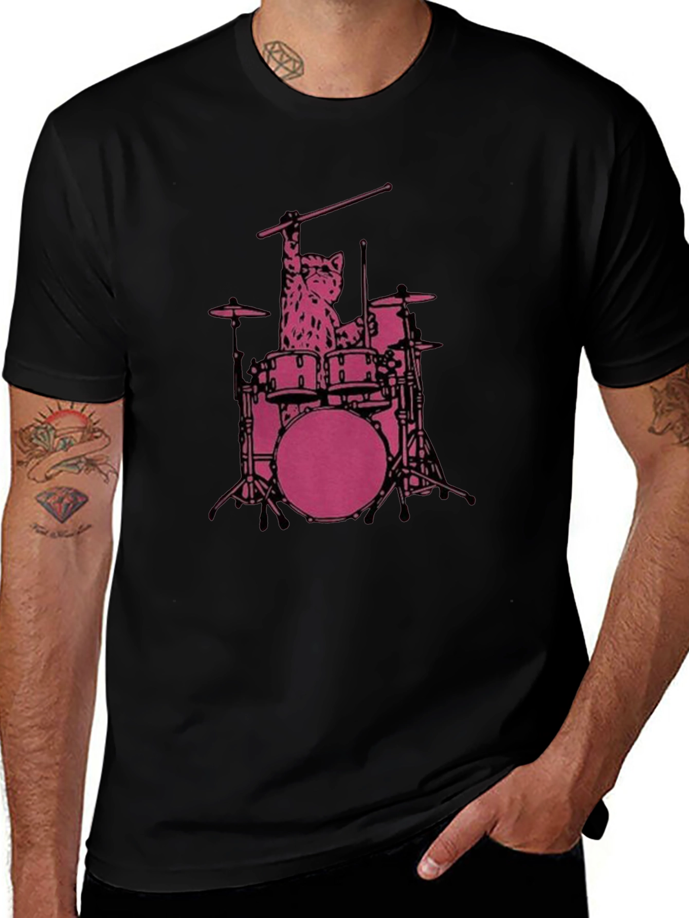 Variant 2 of Cat Drummer T-Shirt - Black Tee with Pink Drum Set Design
