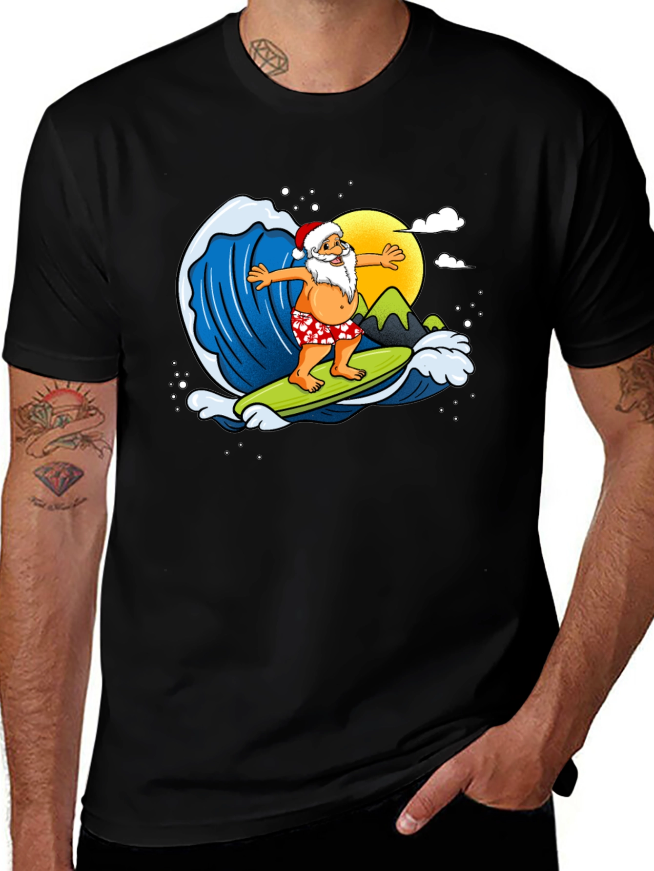 Surfing Santa Graphic T-Shirt - Holiday Fun!