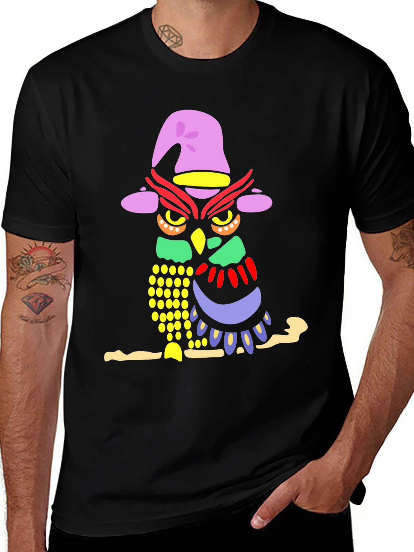 Variant 24 of Whimsical Owl Graphic Tee - Men's Black T-Shirt