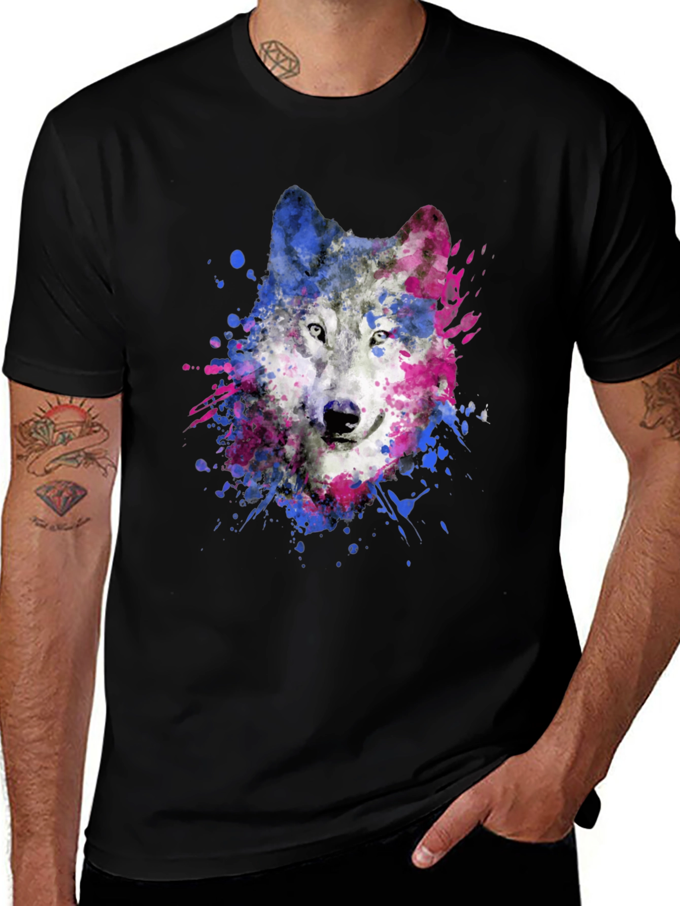 Variant 12 of Watercolor Wolf Graphic Black T-Shirt