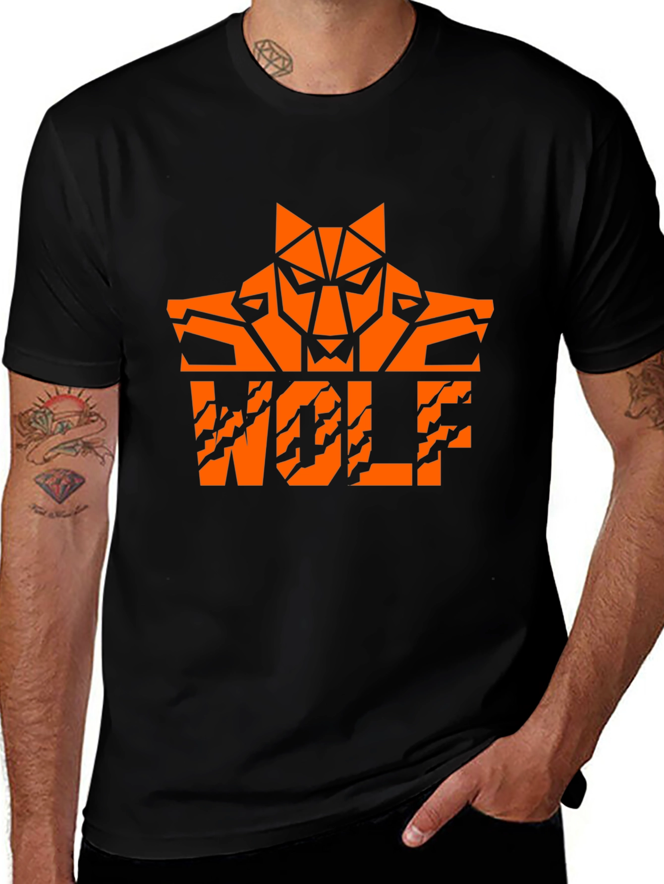 Variant 20 of Bold Orange Wolf Graphic Black T-Shirt