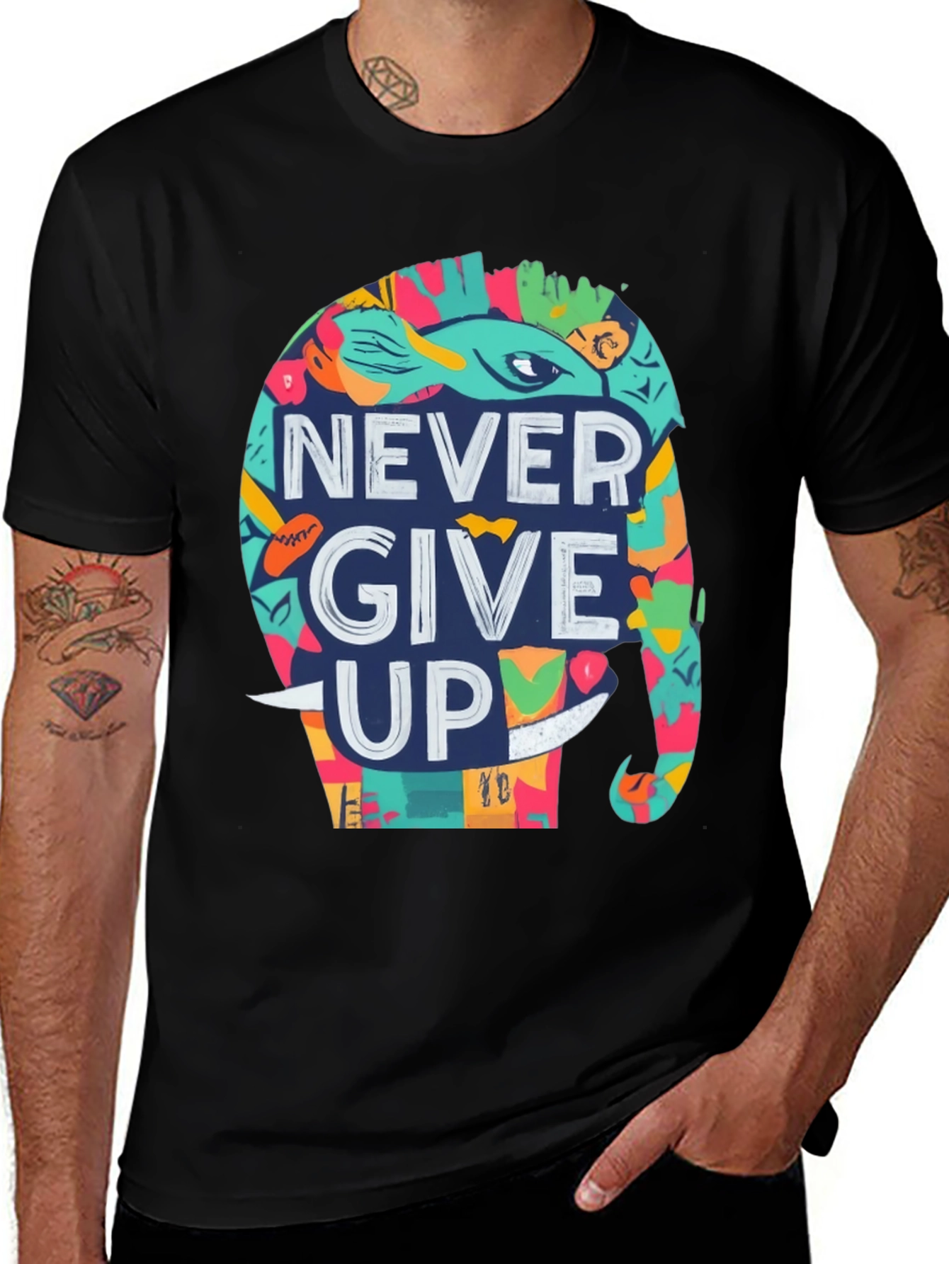 Variant 25 of Never Give Up Elephant Graphic Tee - Black