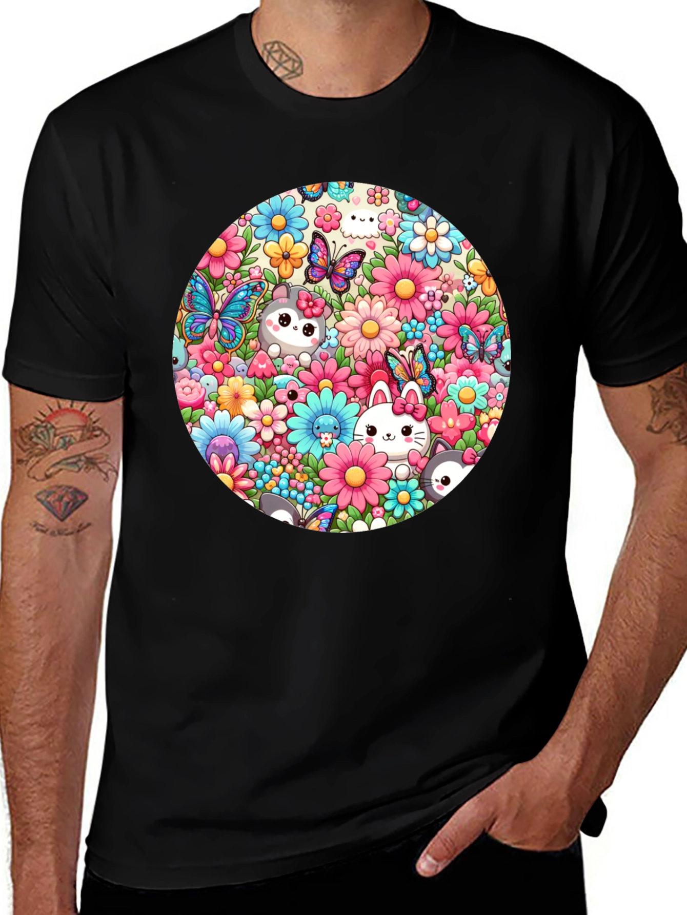 Variant 24 of Floral Cats & Butterflies Black T-Shirt