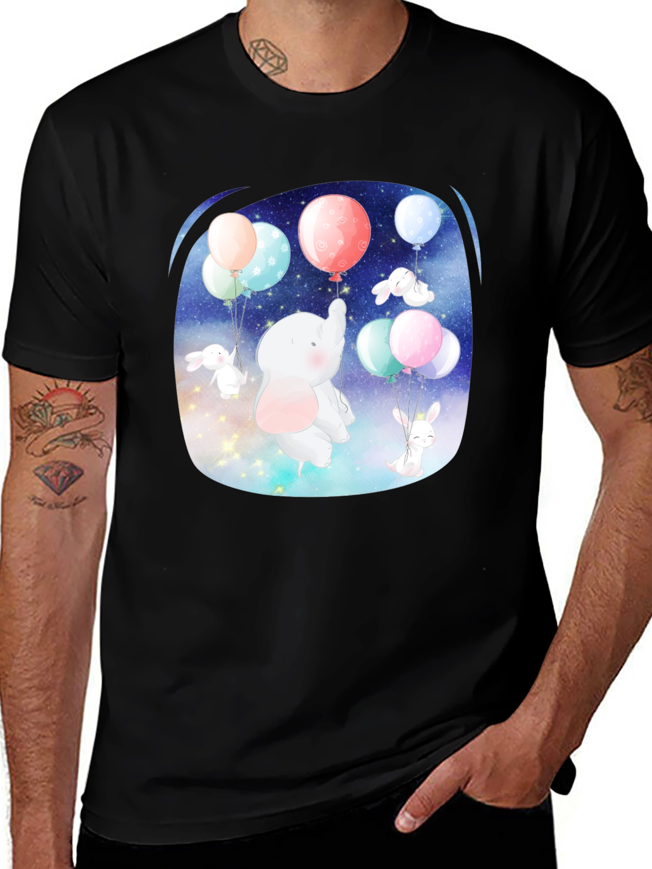 Cute Elephant & Bunny Balloon Ride Graphic Tee