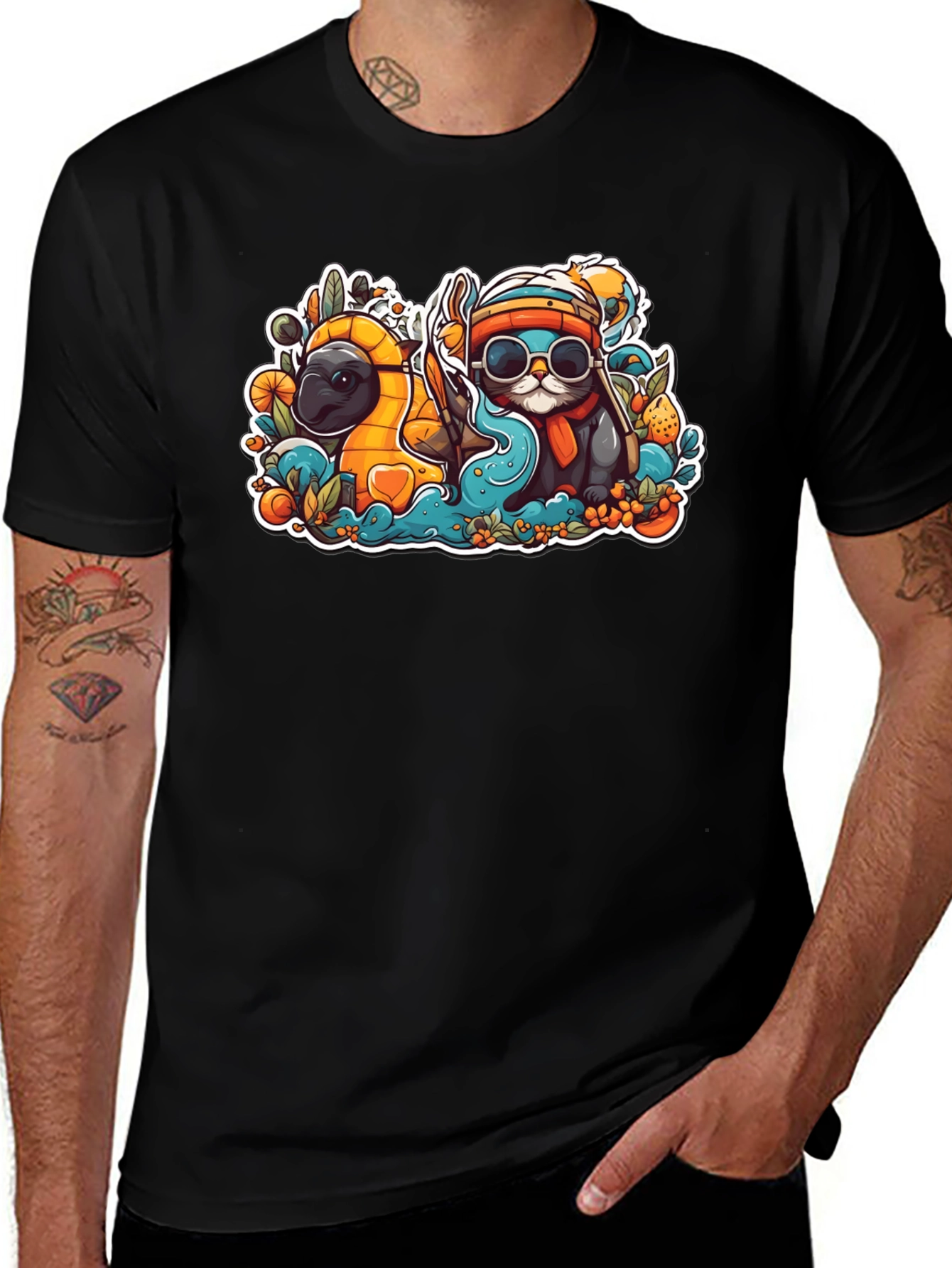 Variant 19 of Cool Cartoon Otter and Platypus Black T-Shirt