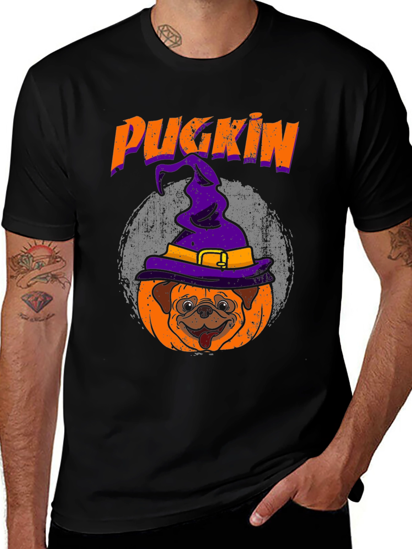 Pugkin Halloween T-Shirt - Dog in Pumpkin Witch Hat Tee