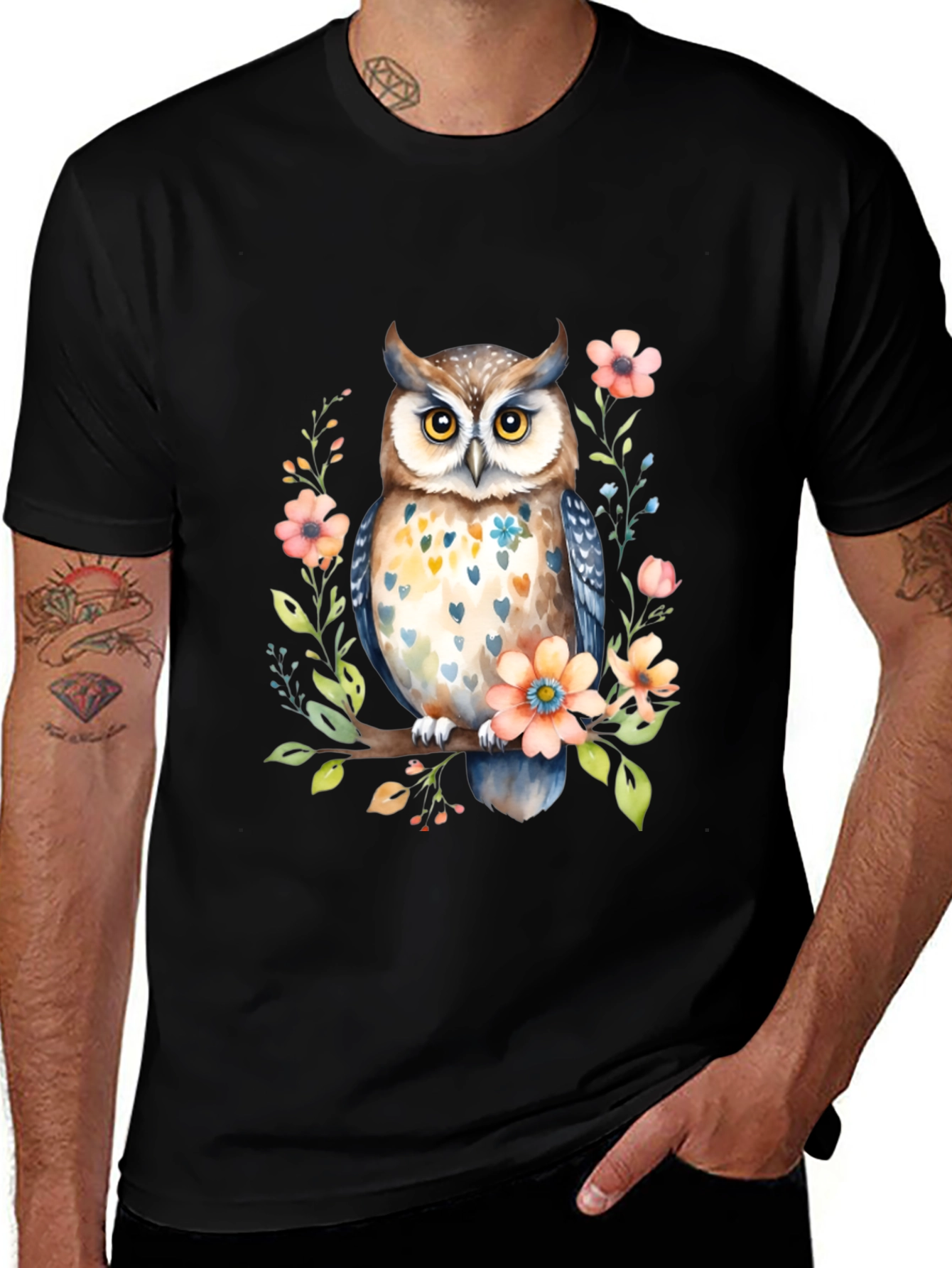 Variant 22 of Owl and Floral Black T-Shirt