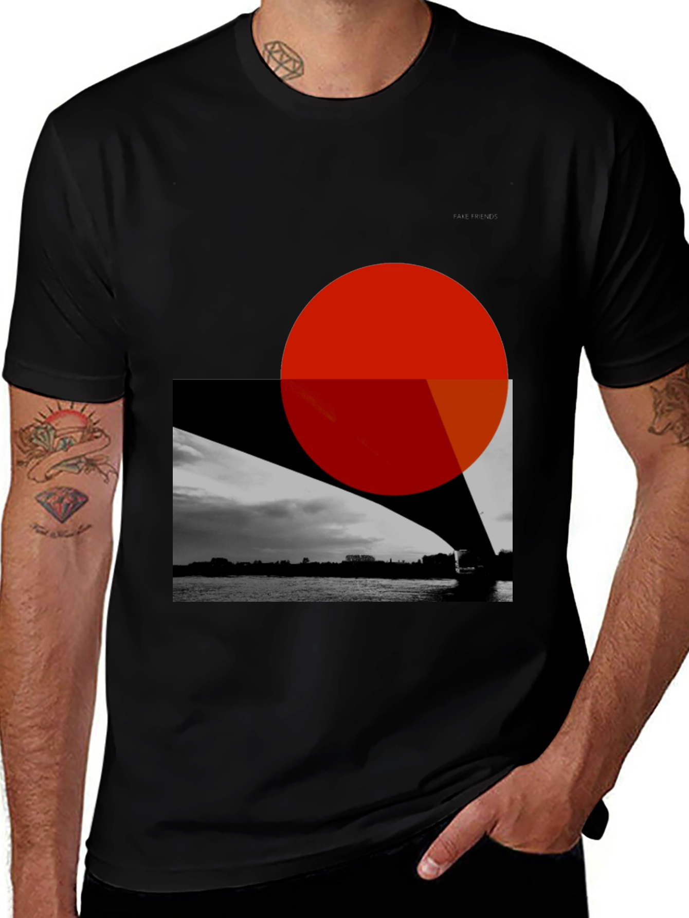 Abstract Black T-Shirt with Bridge and Red Circle Design