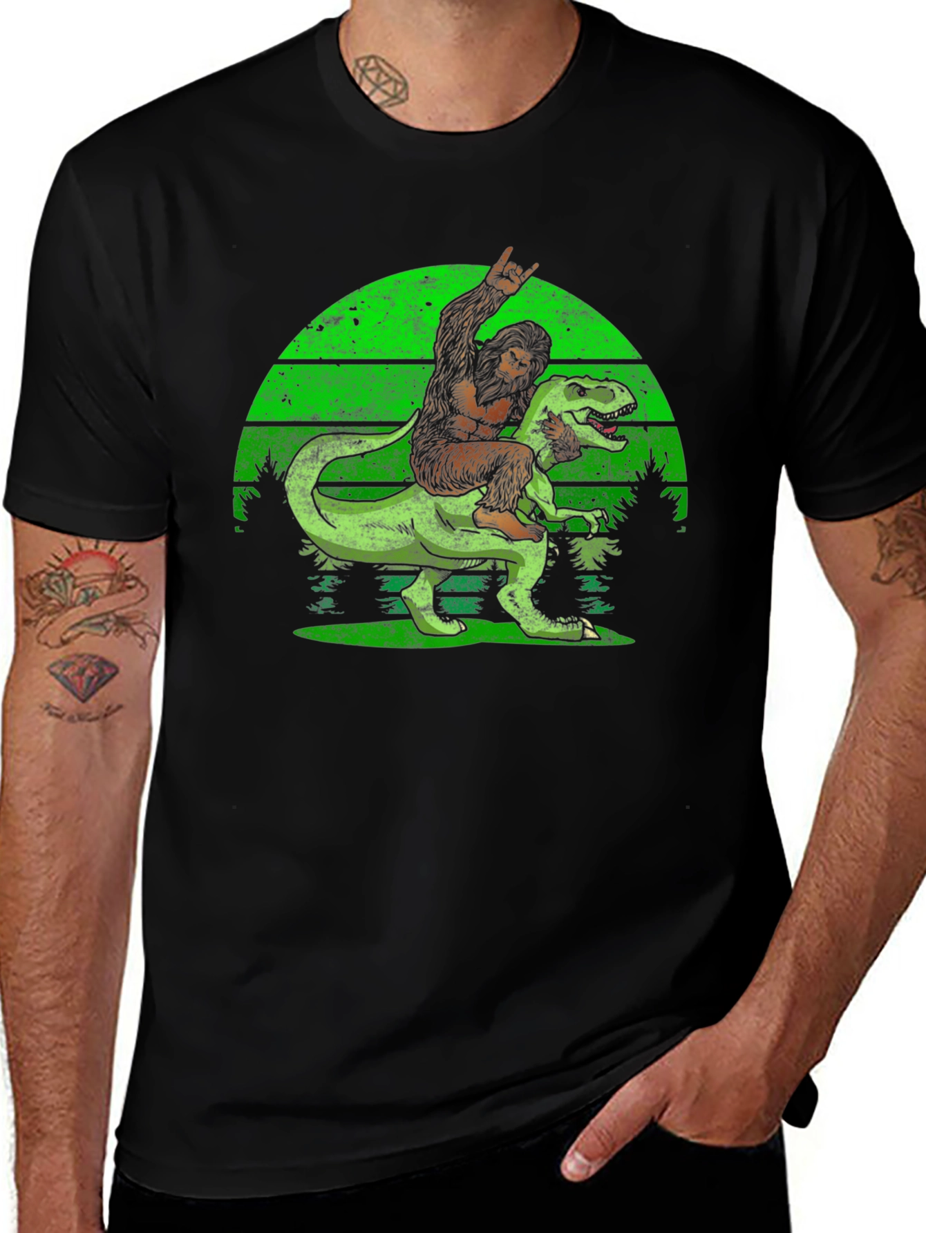 Sasquatch Riding Dinosaur T-Shirt - Retro Style