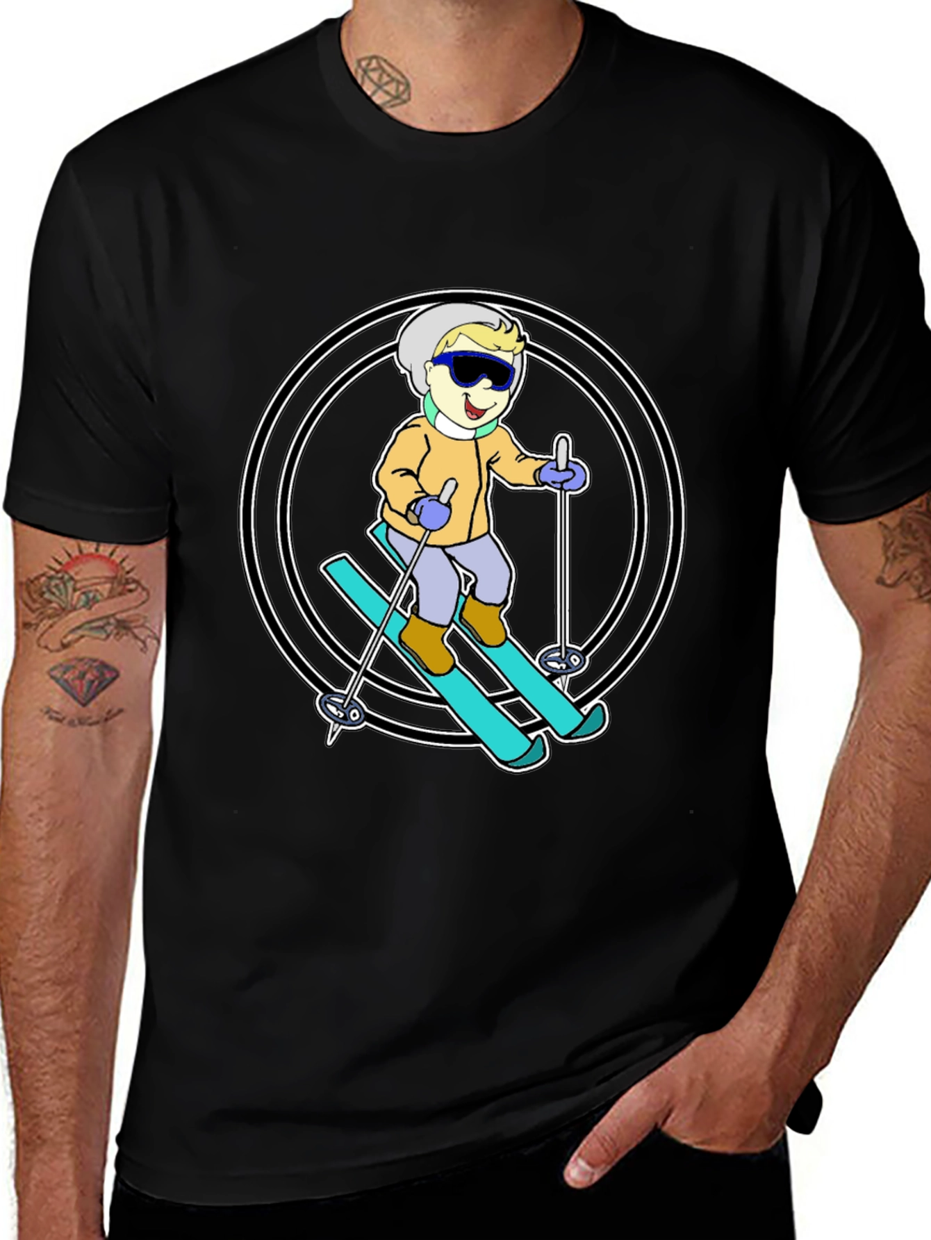 Variant 13 of Cartoon Skier T-Shirt - Black Cotton Blend