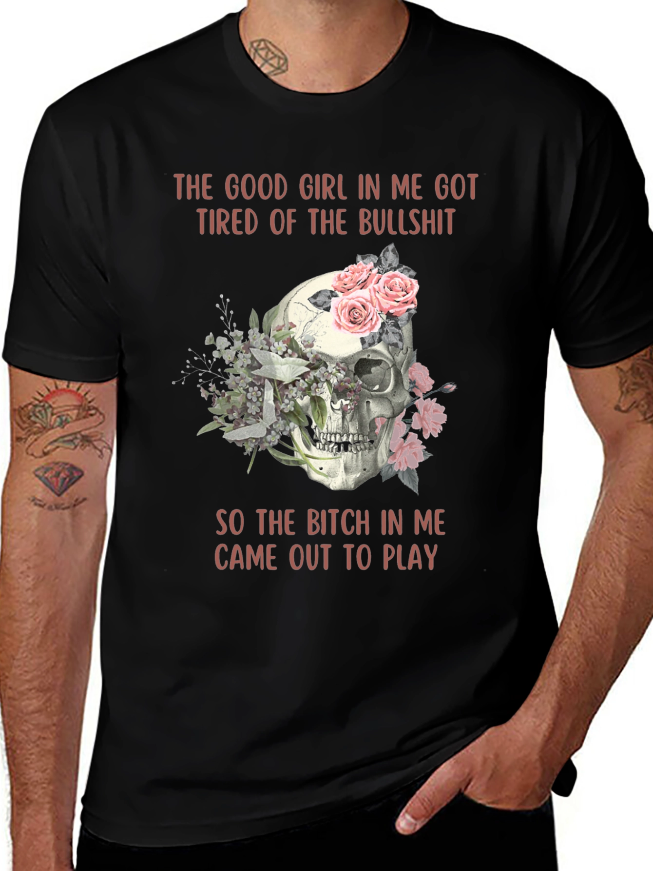 Variant 28 of Skull & Roses Graphic Tee -  "Good Girl" Slogan