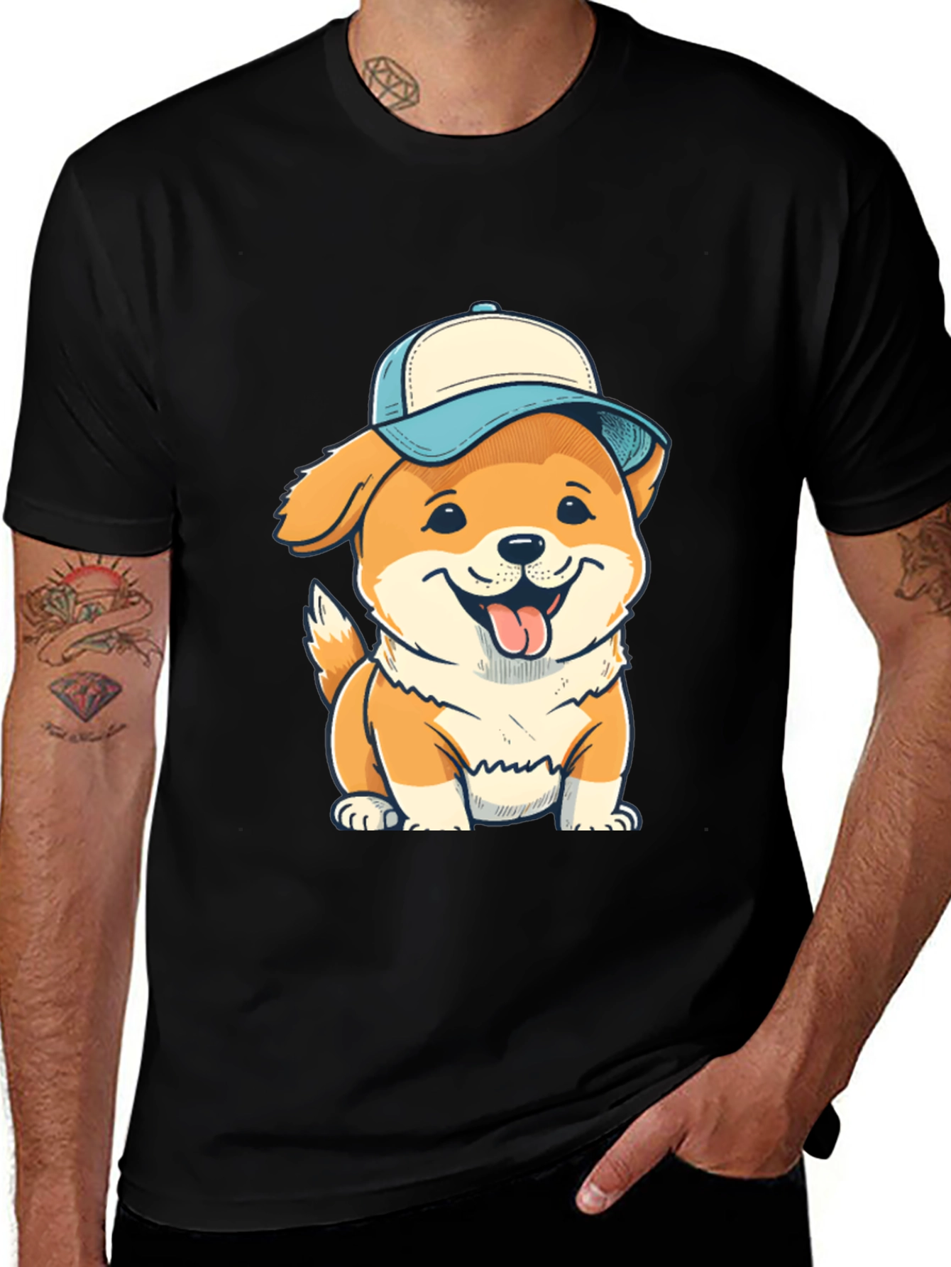 Black Dog with Cap T-Shirt - Fun & Stylish Black Tee main image