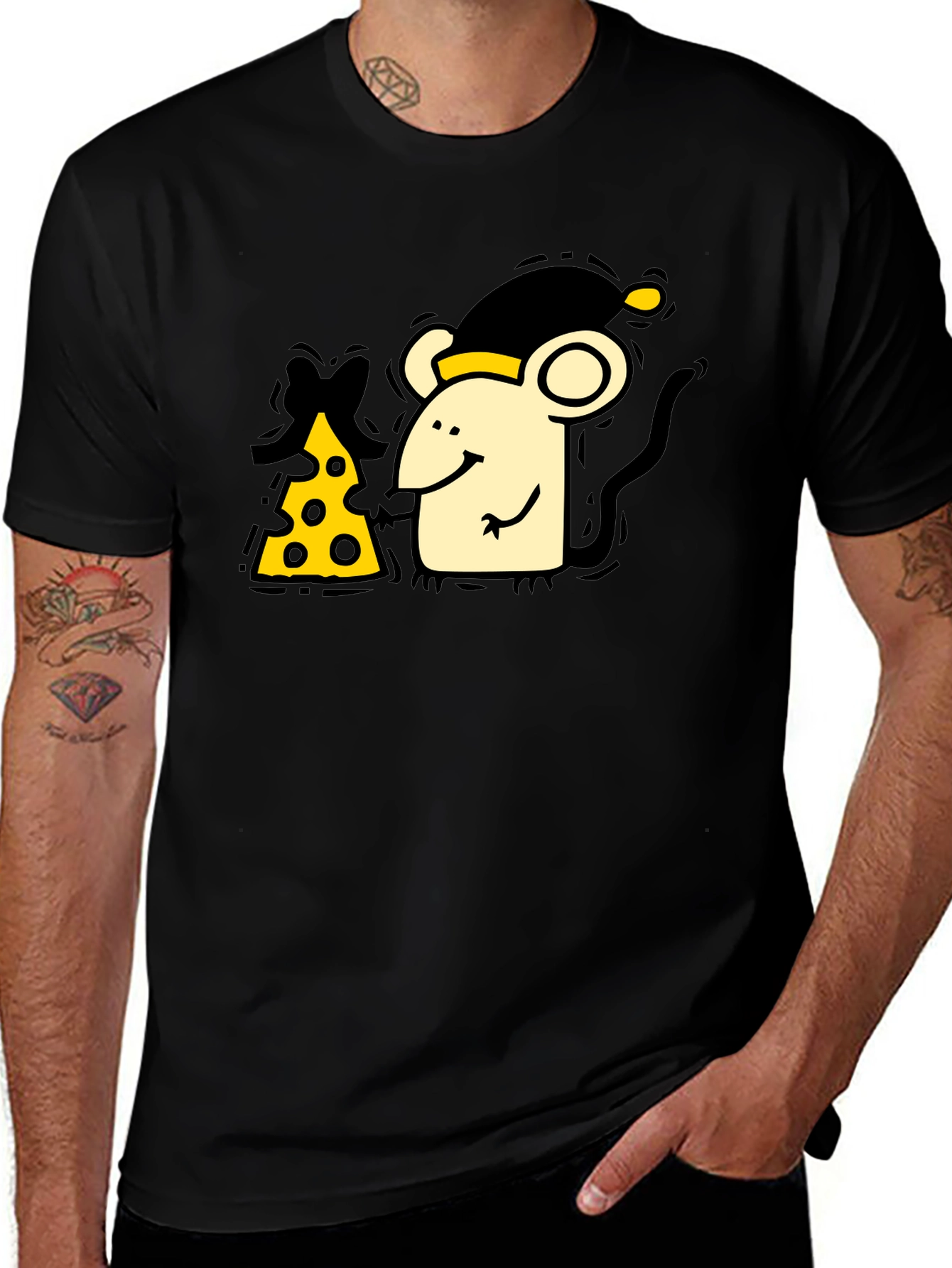 Variant 12 of Cute Mouse & Cheese Graphic Black T-Shirt