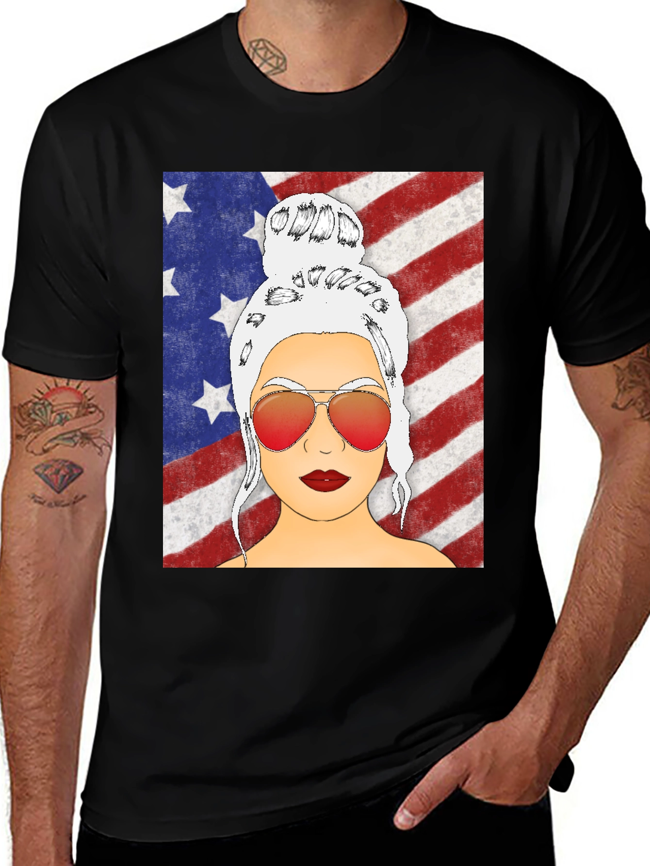 American Flag Messy Bun Graphic Tee - Patriotic Woman T-Shirt