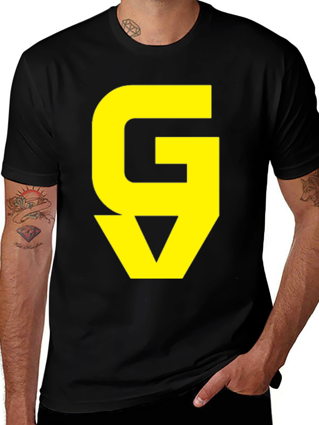 Variant 25 of Graphic Tee: Yellow 'GV' on Black Cotton