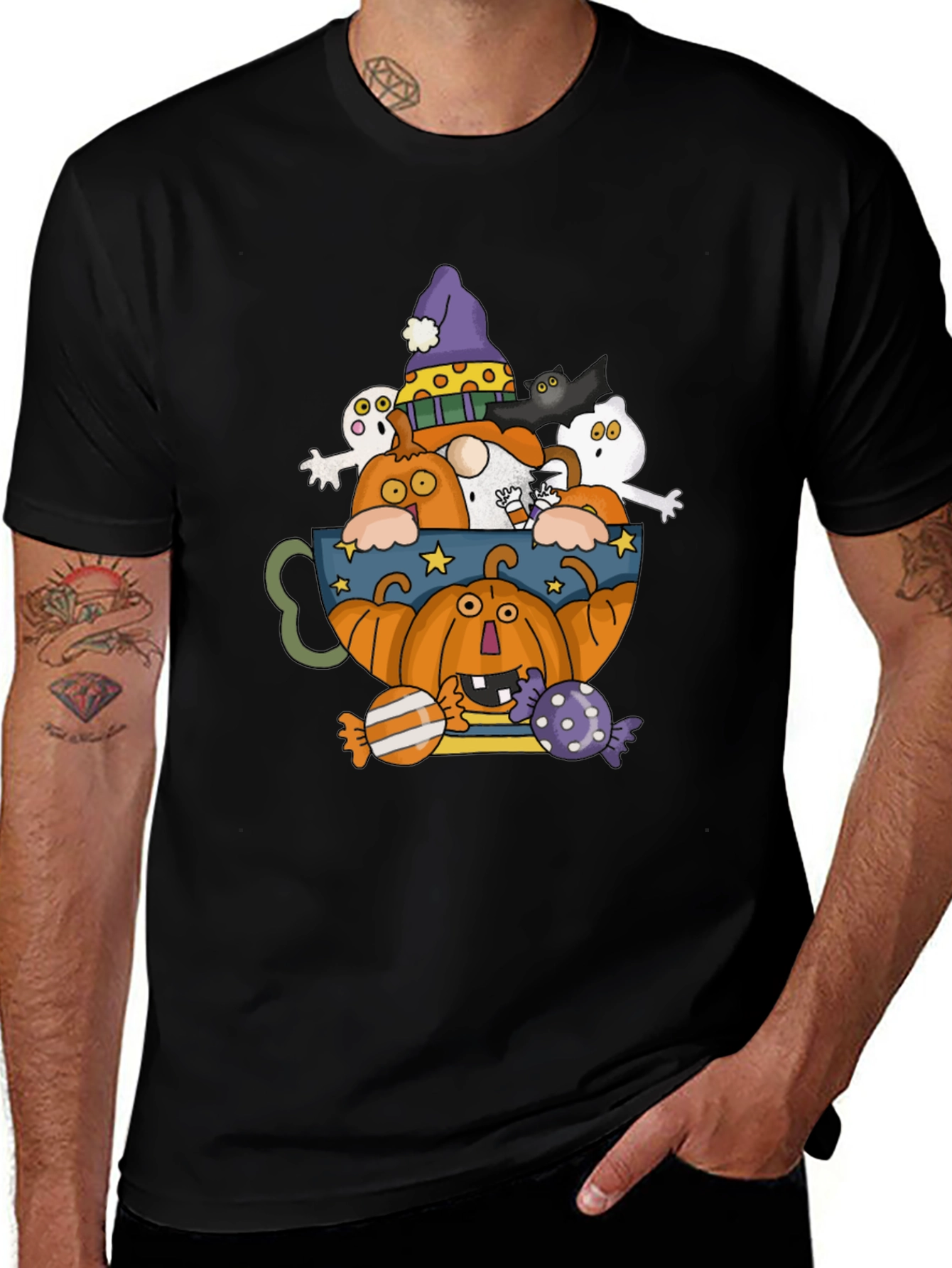 Halloween Pumpkin & Ghost Crewneck T-Shirt