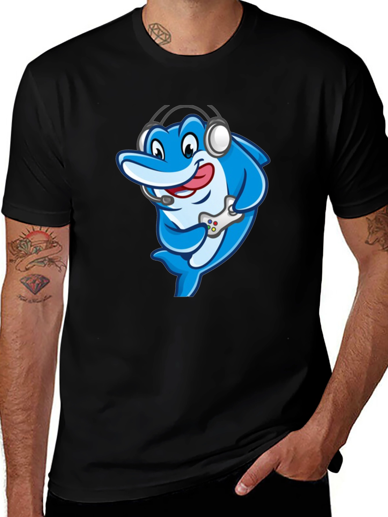 Variant 29 of Gamer Dolphin Graphic Tee - Cool Black T-Shirt