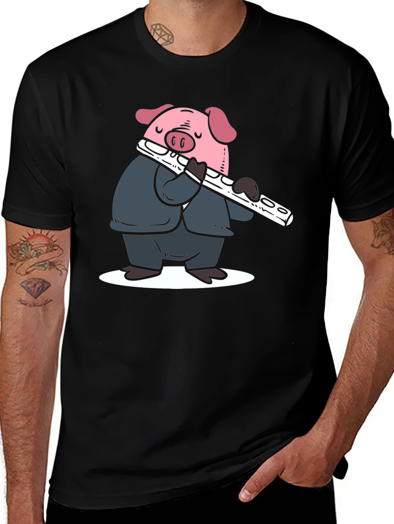 Variant 30 of Pig Flute Player Graphic T-Shirt - Black