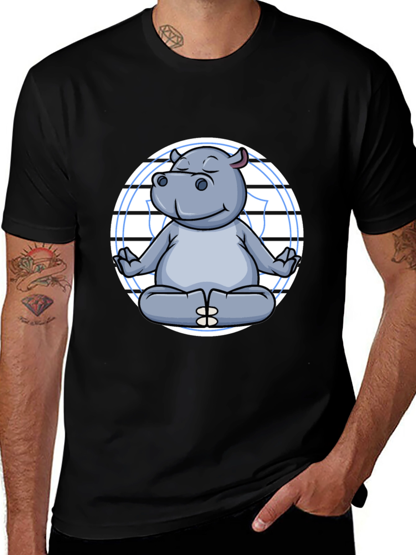 Variant 28 of Meditating Hippo Graphic Tee - Black Cotton T-Shirt