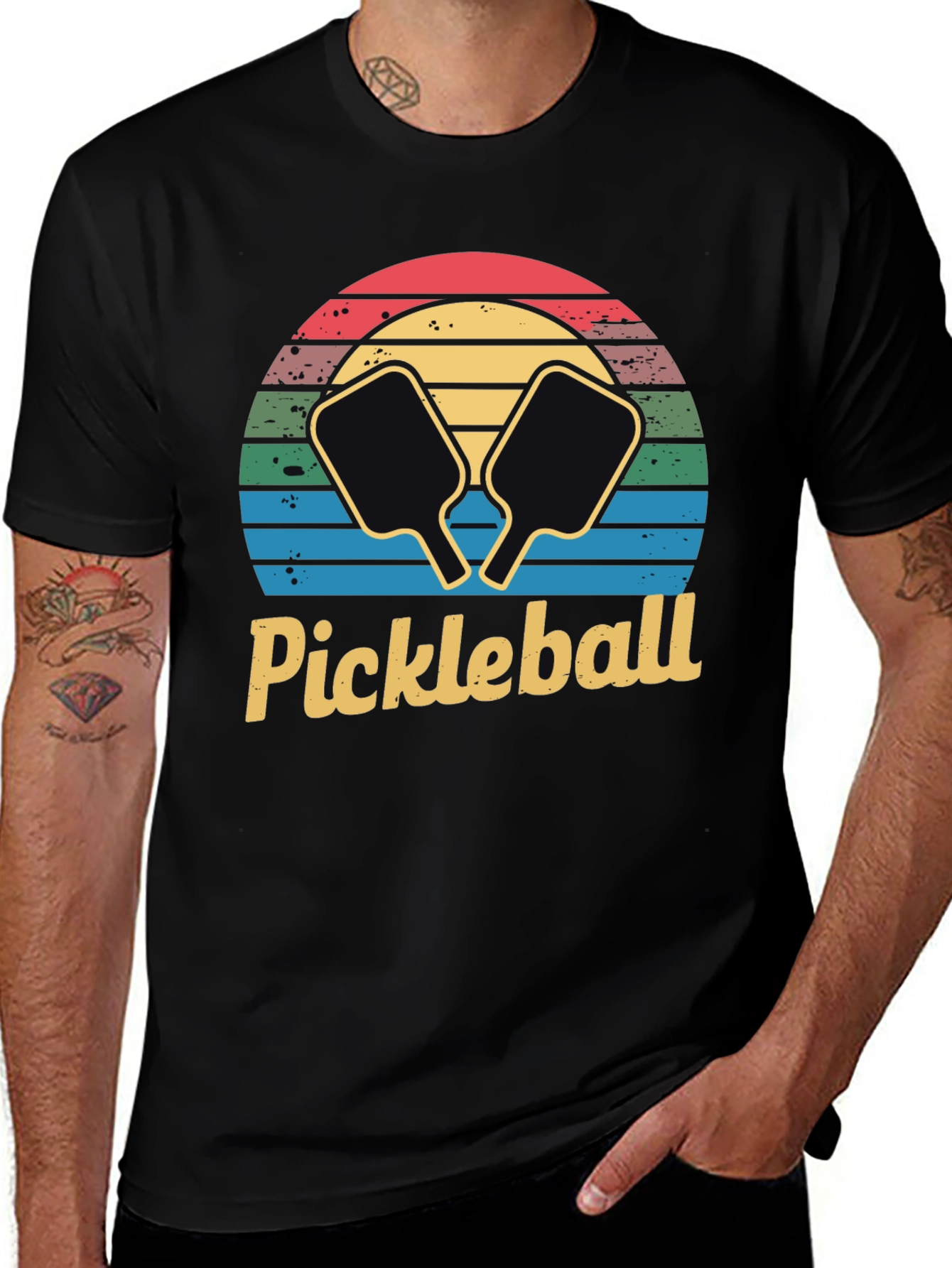 Variant 17 of Retro Pickleball Sunset T-Shirt - Black Cotton Tee