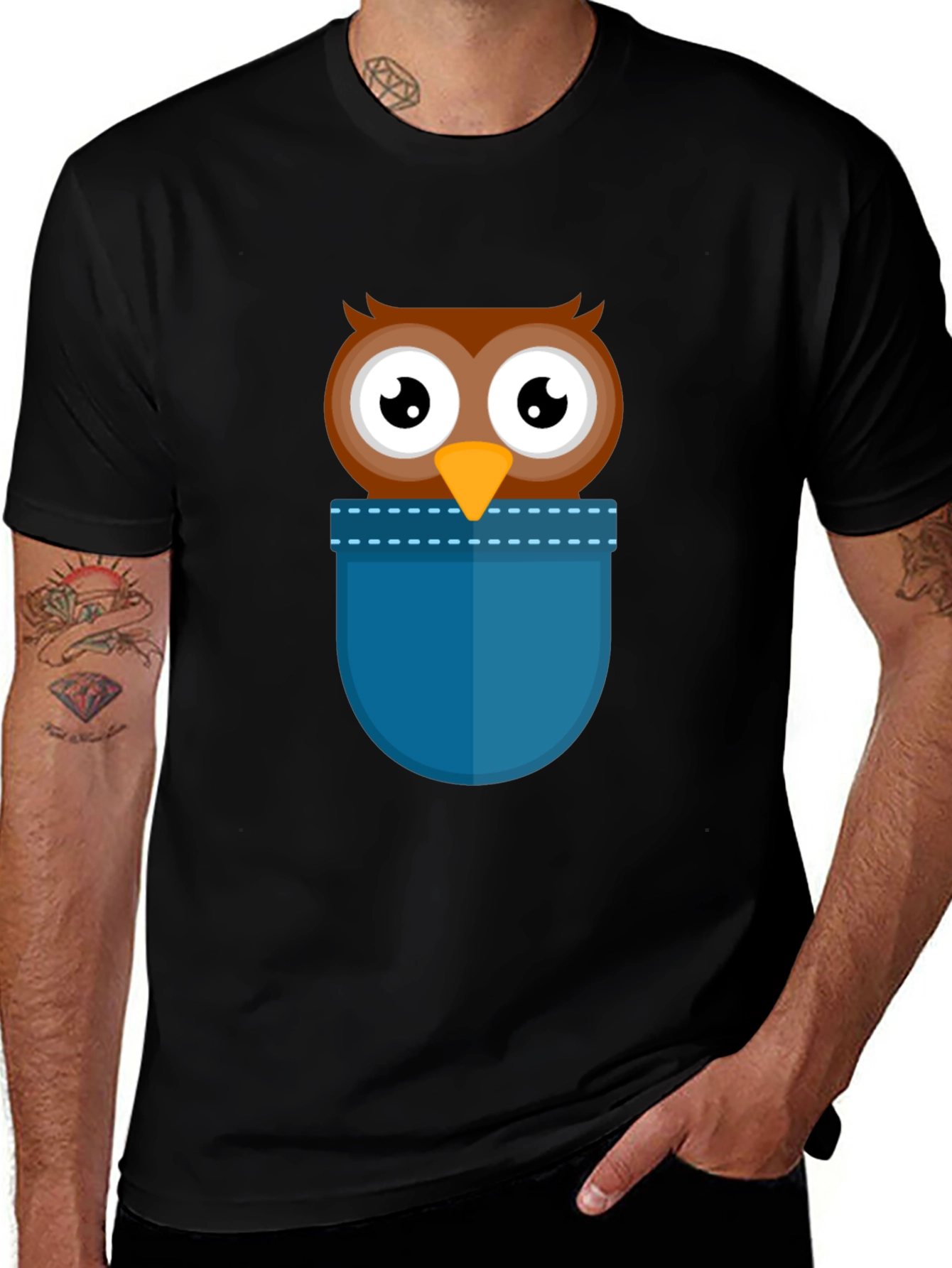 Black Cartoon Owl Pocket T-Shirt - Black main image