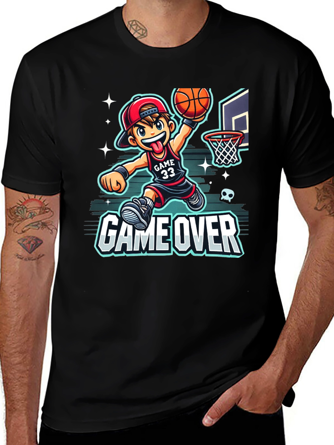 Variant 27 of Cartoon Basketball Game Over Black T-Shirt