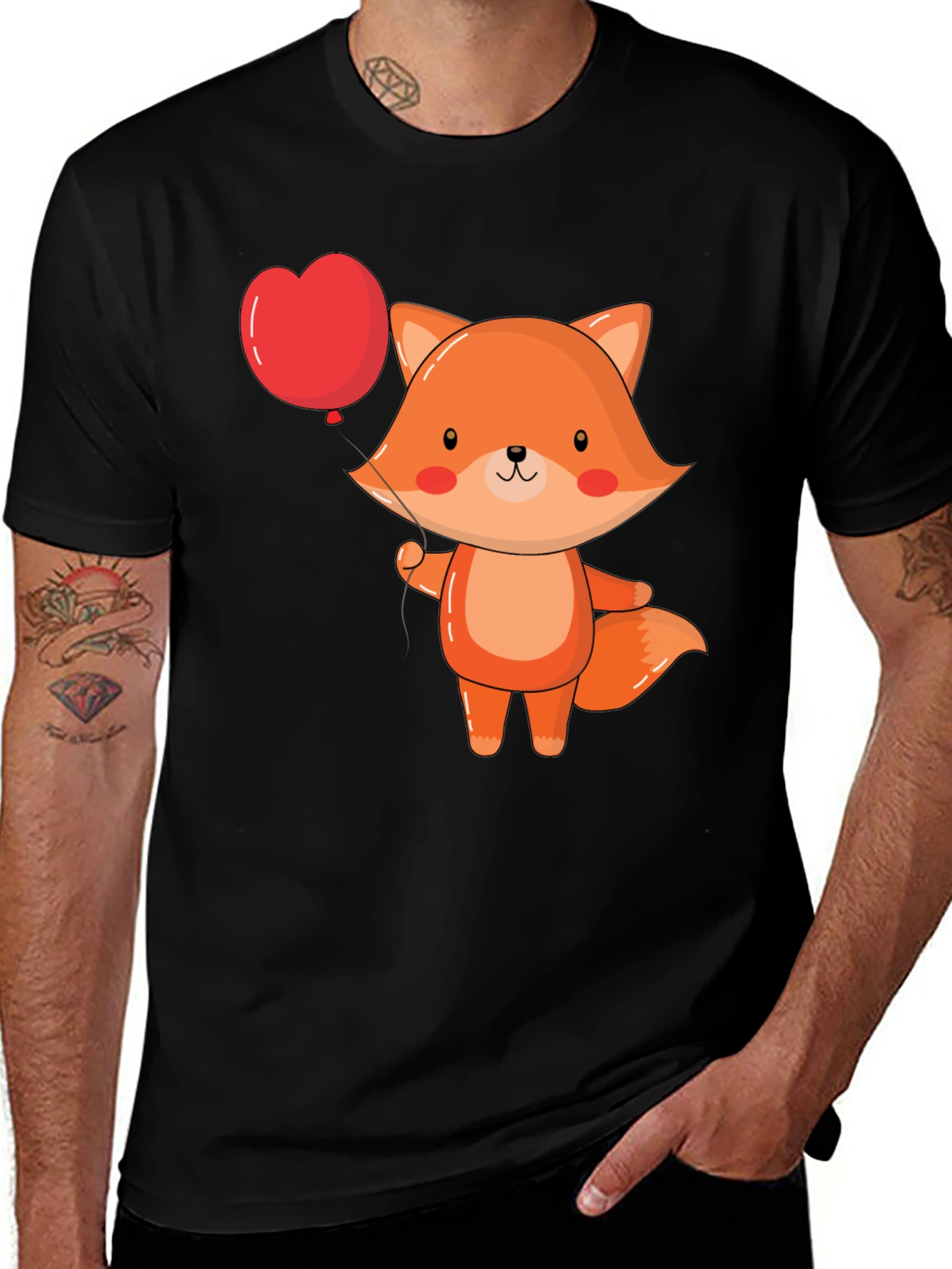 Cute Fox with Heart Balloon Black T-Shirt