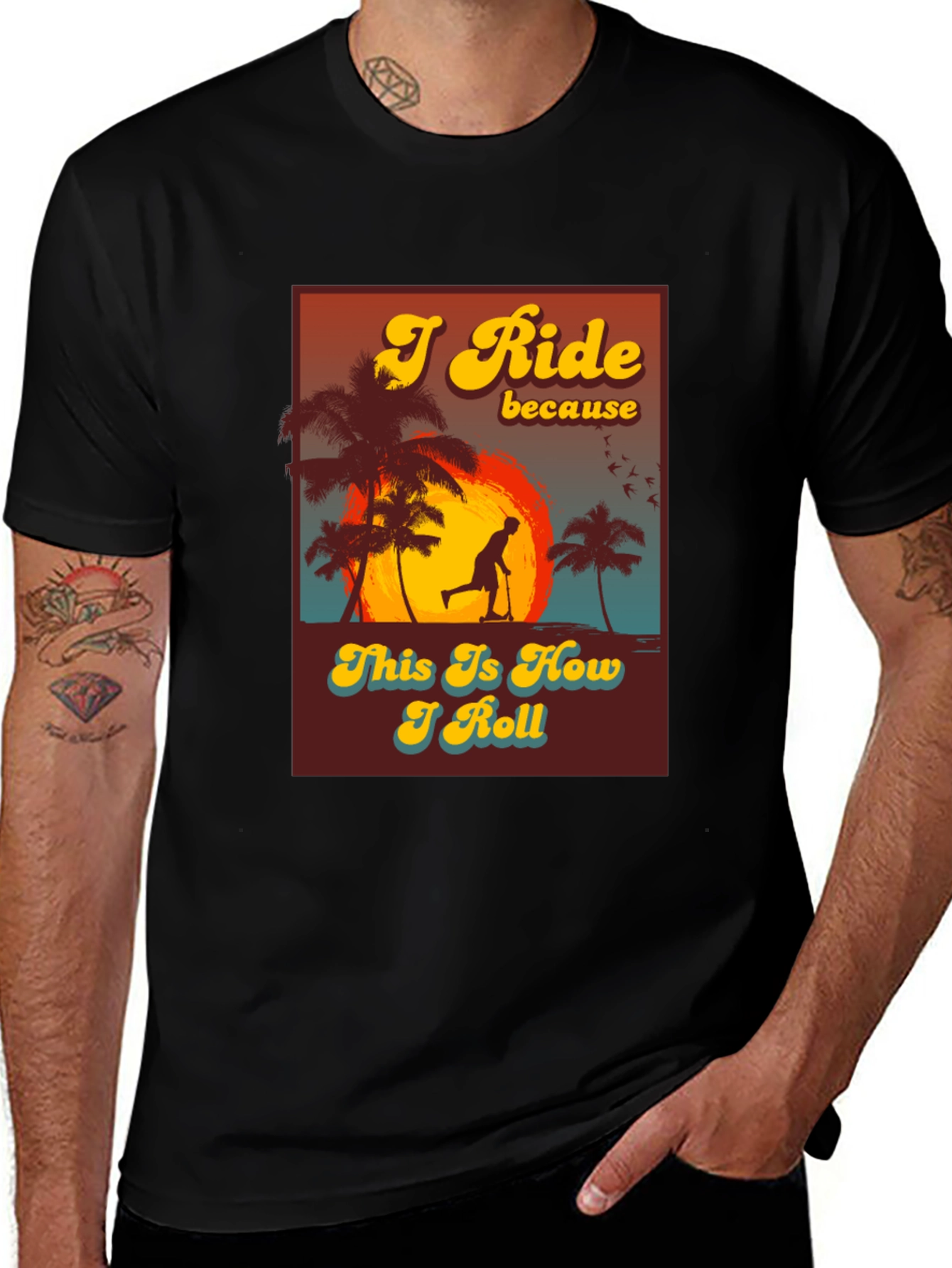 Variant 5 of I Ride Scooter Tee - Retro Sunset Design
