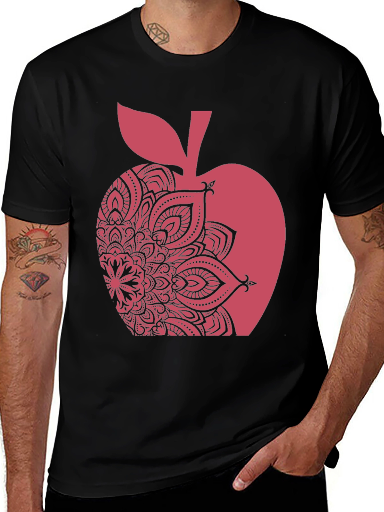 Variant 13 of Apple Mandala Graphic Tee - Stylish Men's Black T-Shirt