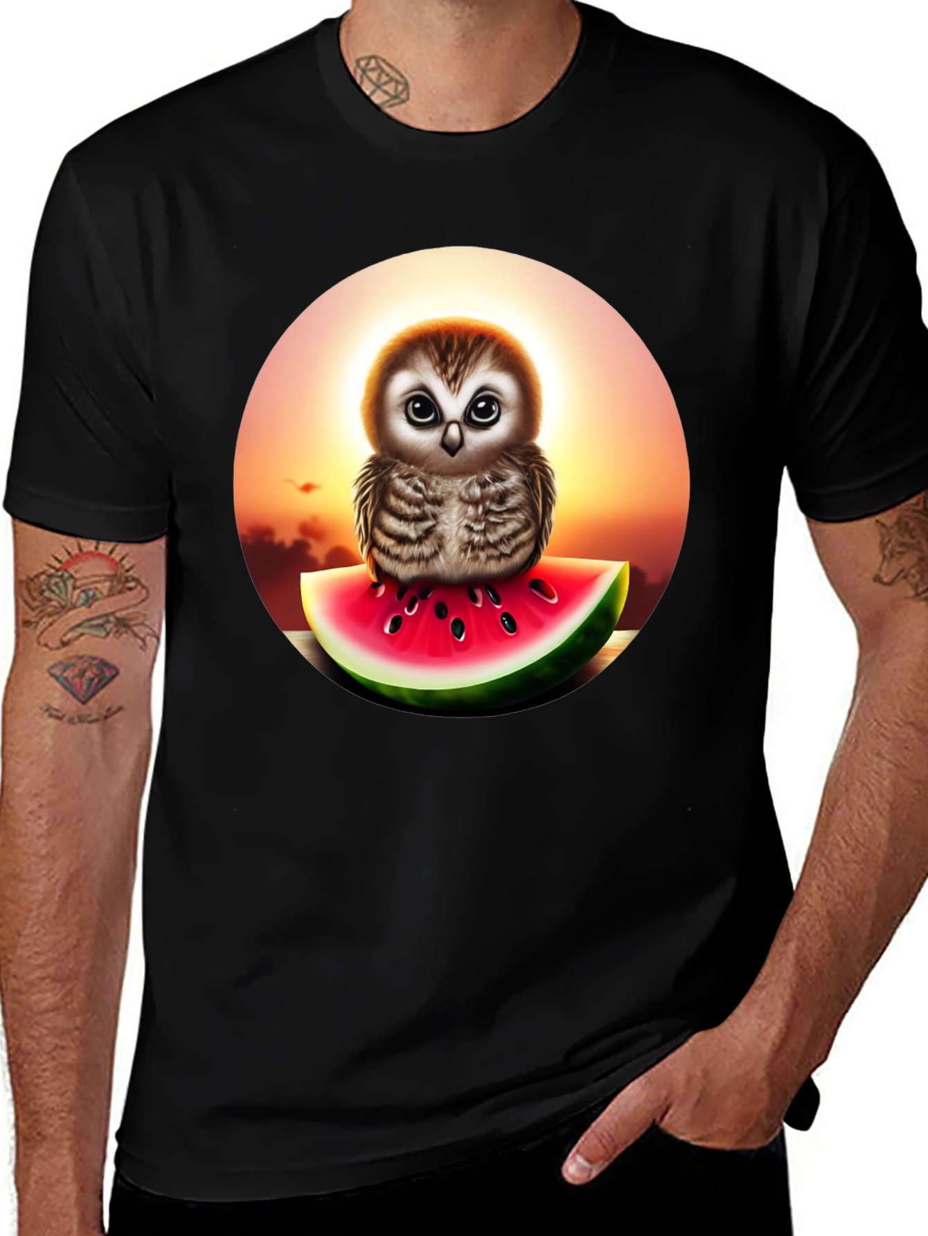Variant 8 of Owl on Watermelon Graphic Tee - Fun Black T-Shirt