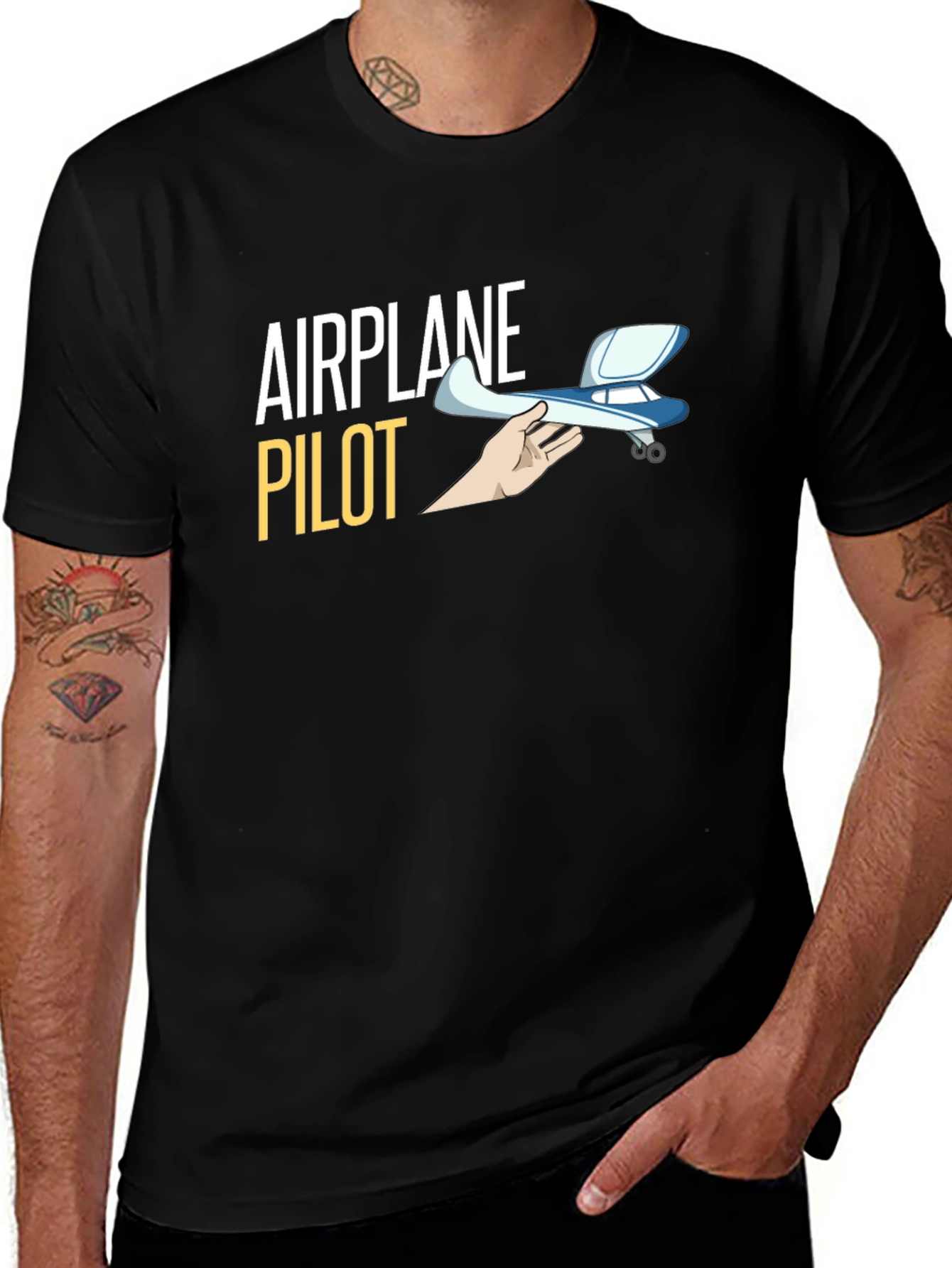 Airplane Pilot Graphic T-Shirt - Black Crew Neck Tee