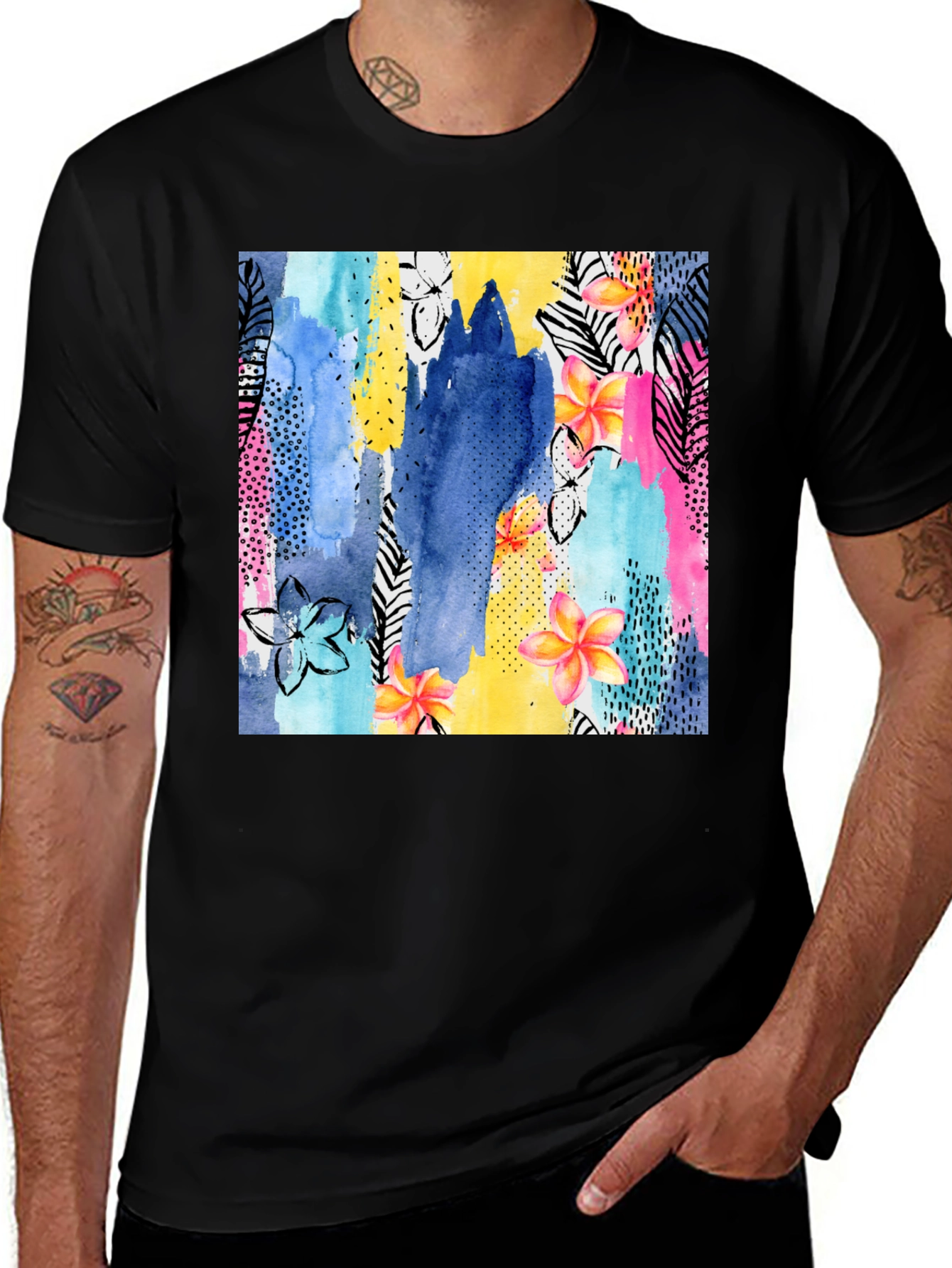 Variant 6 of Floral Watercolor Print Black T-Shirt