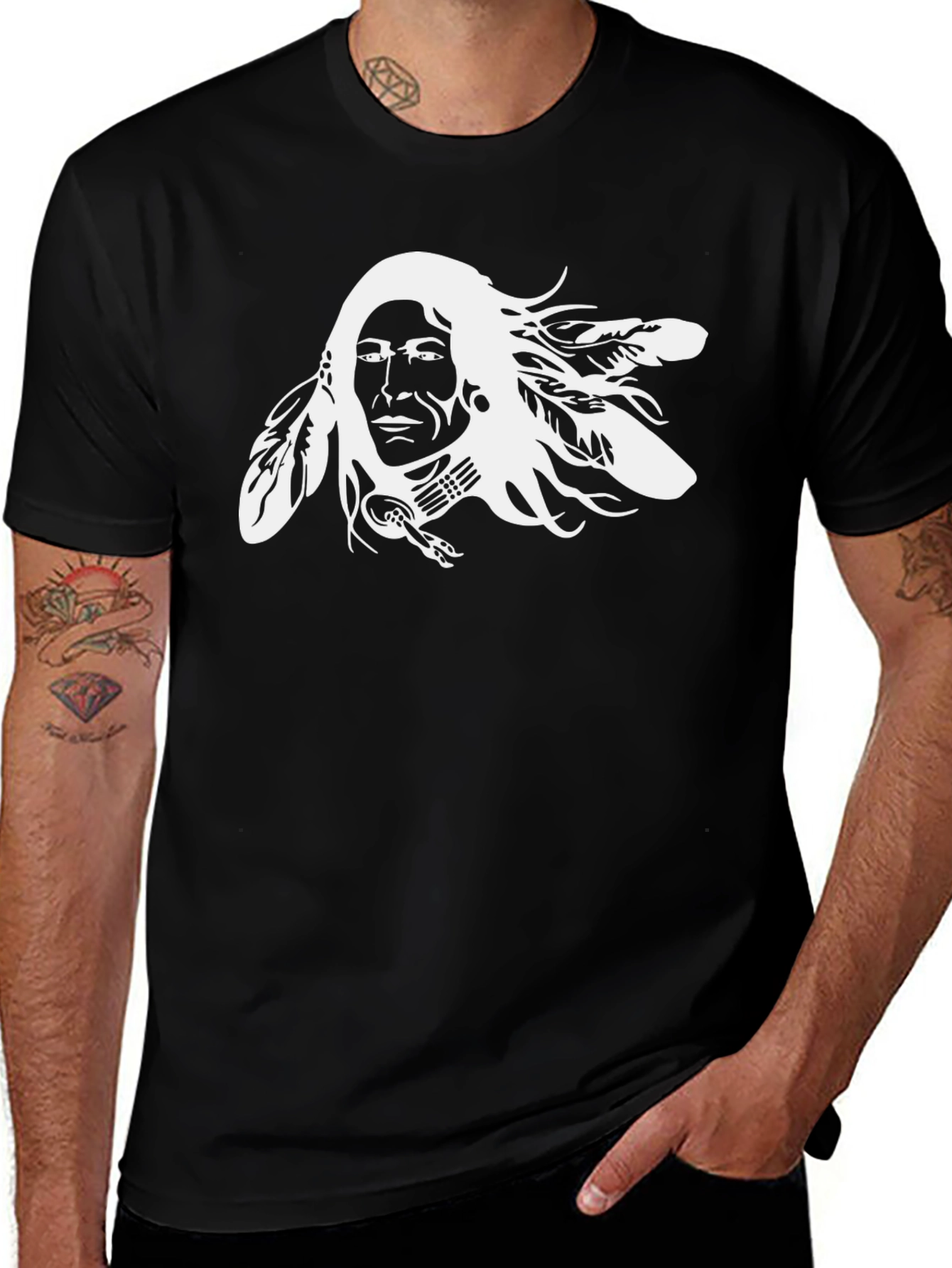 Variant 20 of Native American Chief Graphic Tee - Black Cotton T-Shirt