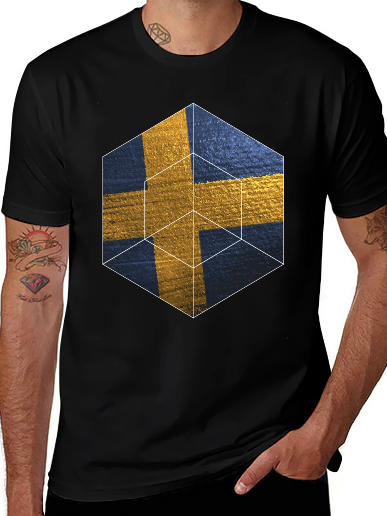 Sweden Flag Geometric Cube T-Shirt - Black