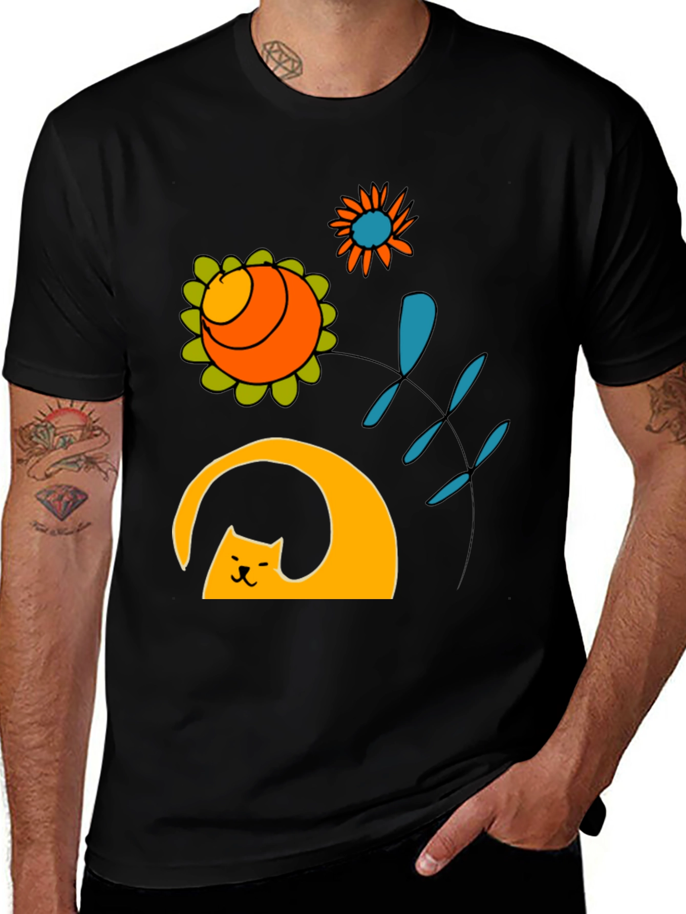 Variant 24 of Whimsical Cat & Flower Graphic T-Shirt
