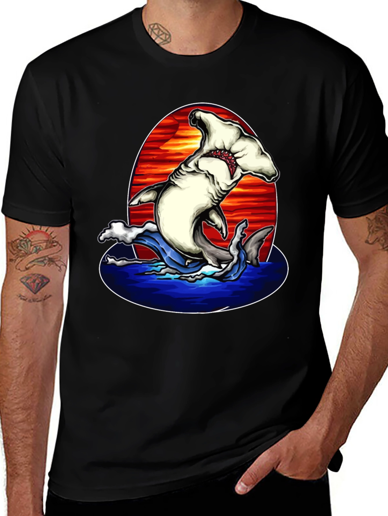 Variant 27 of Hammerhead Shark Graphic Print Black T-Shirt