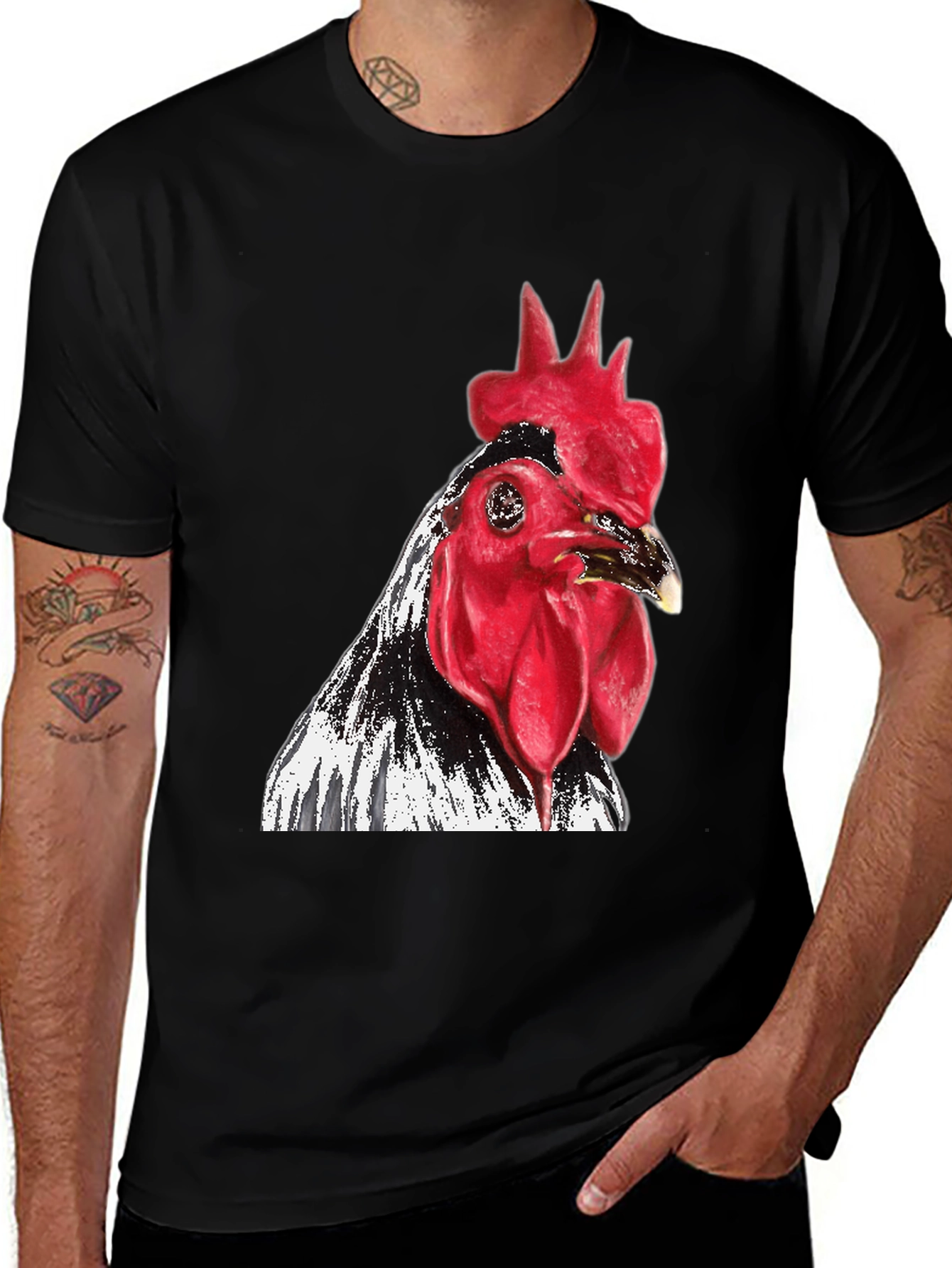 Variant 19 of Men's Black T-Shirt with Rooster Graphic Print