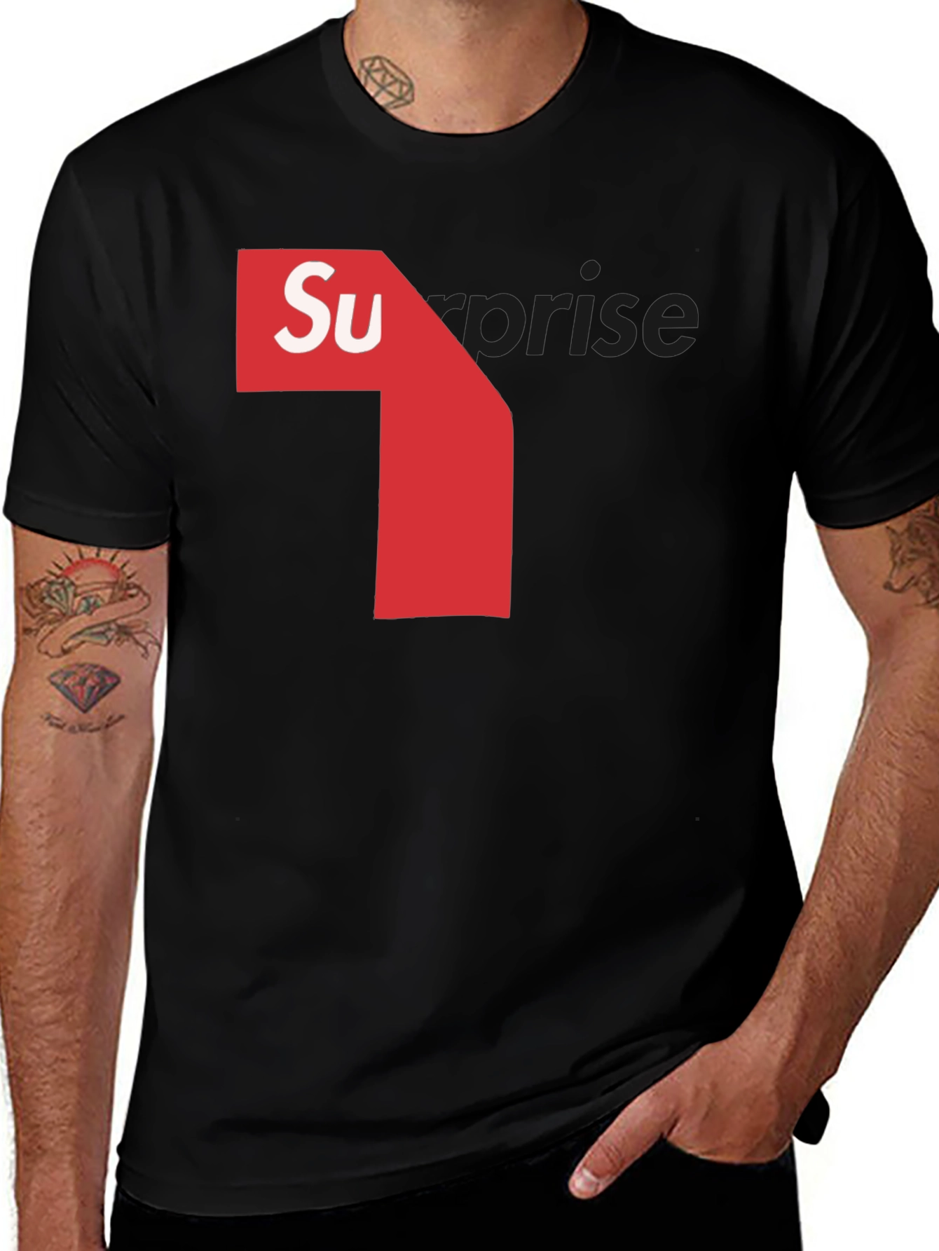 Variant 21 of Men's Black T-Shirt with 'Surprise' Graphic