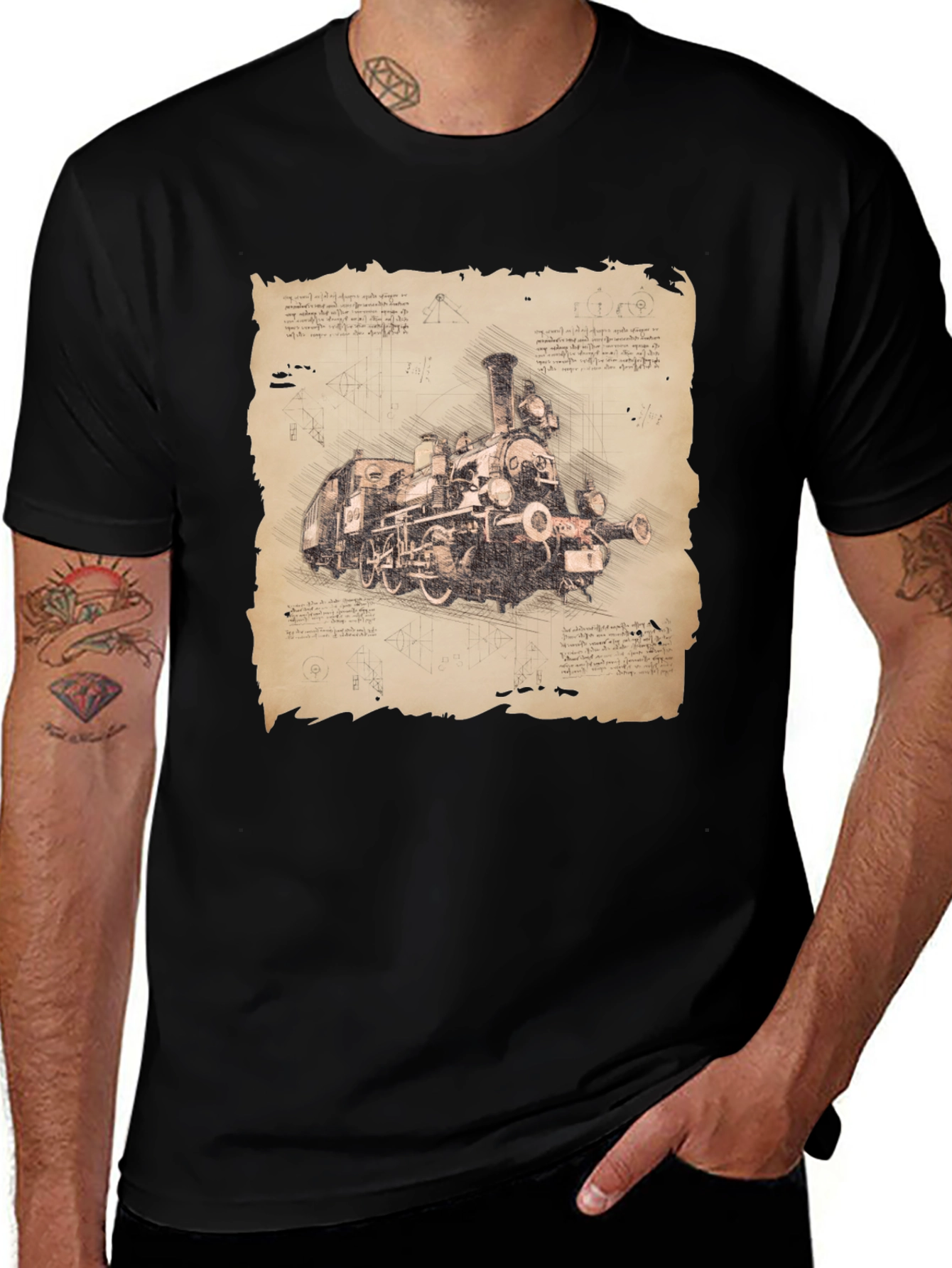 Vintage Train Sketch Graphic T-Shirt