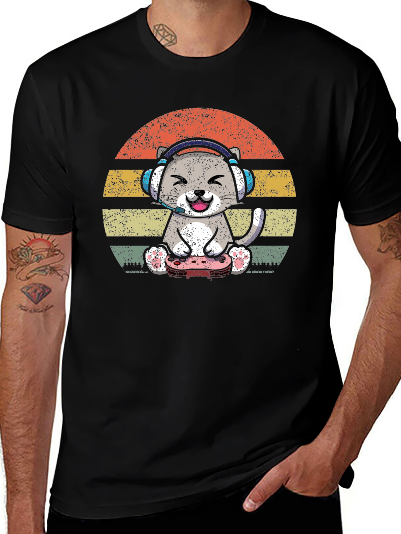 Black Gamer Cat T-Shirt - Vintage Sunset Design main image