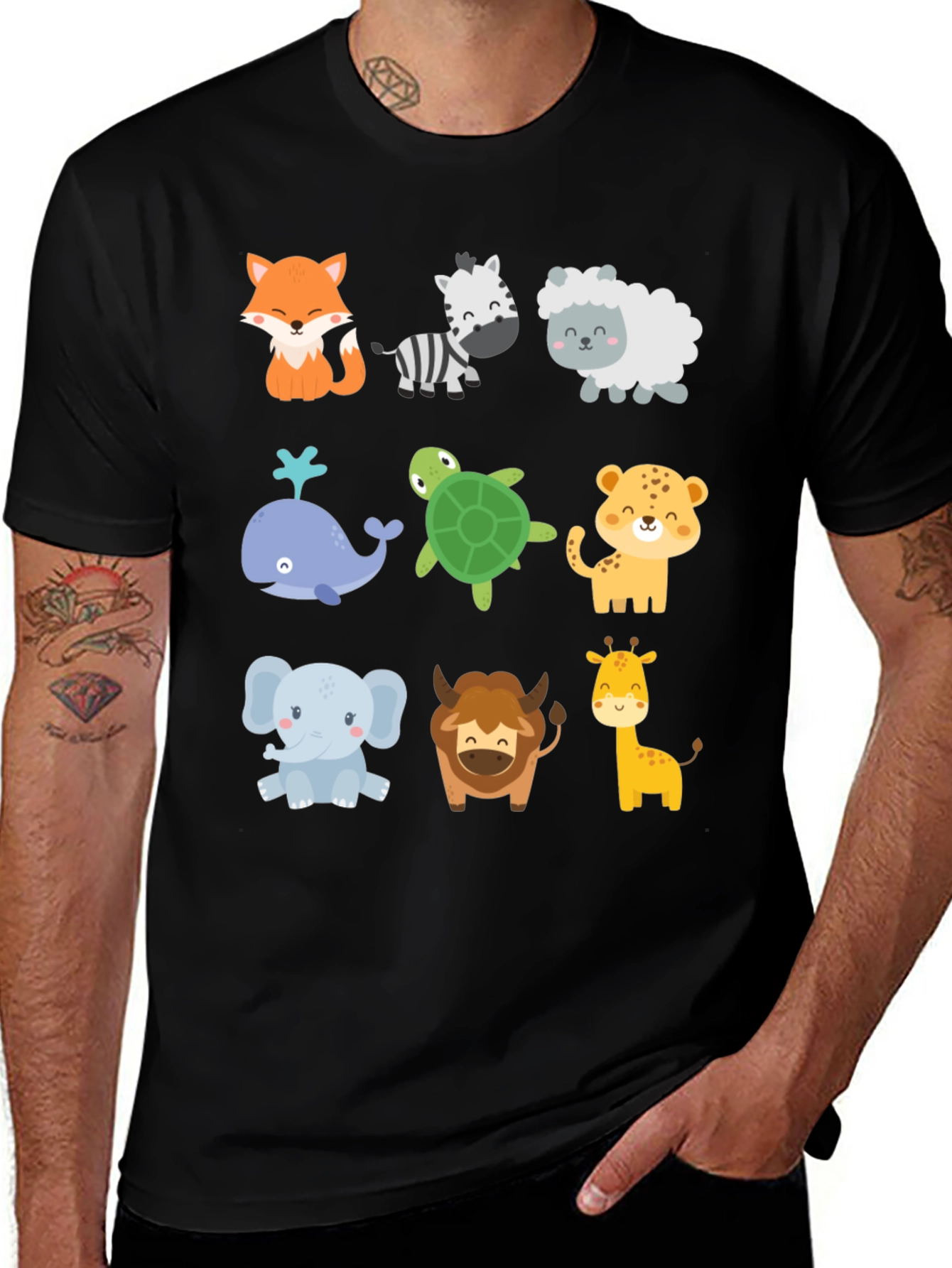 Black Cute Cartoon Animal Print Black T-Shirt main image