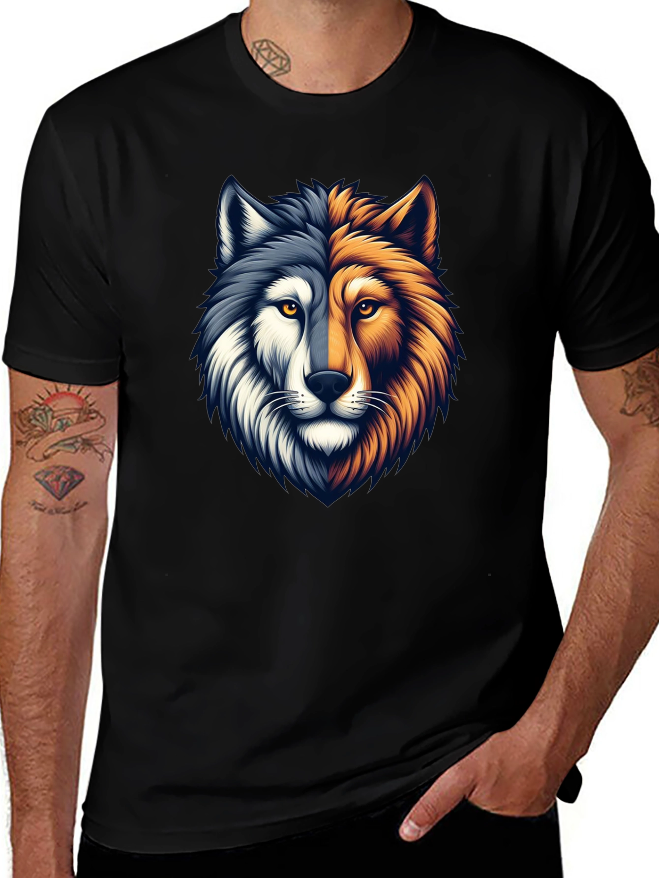 Variant 10 of Two-Faced Wolf Graphic T-Shirt - Black